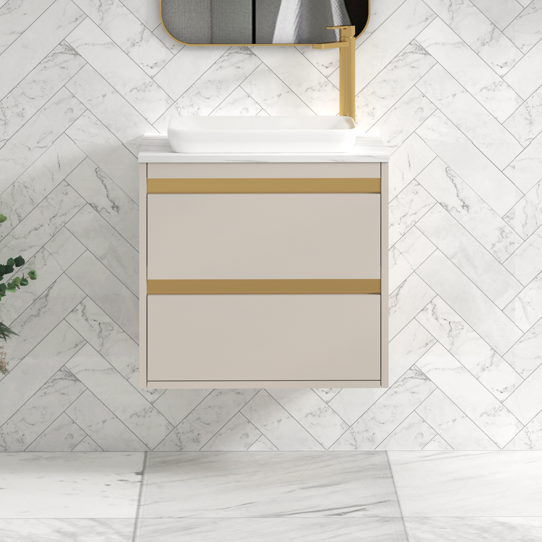 Orion 600mm Warm Taupe Wall Hung Countertop Vanity Unit 2 Drawer with Qubix Basin & Brushed Brass Accent Trim