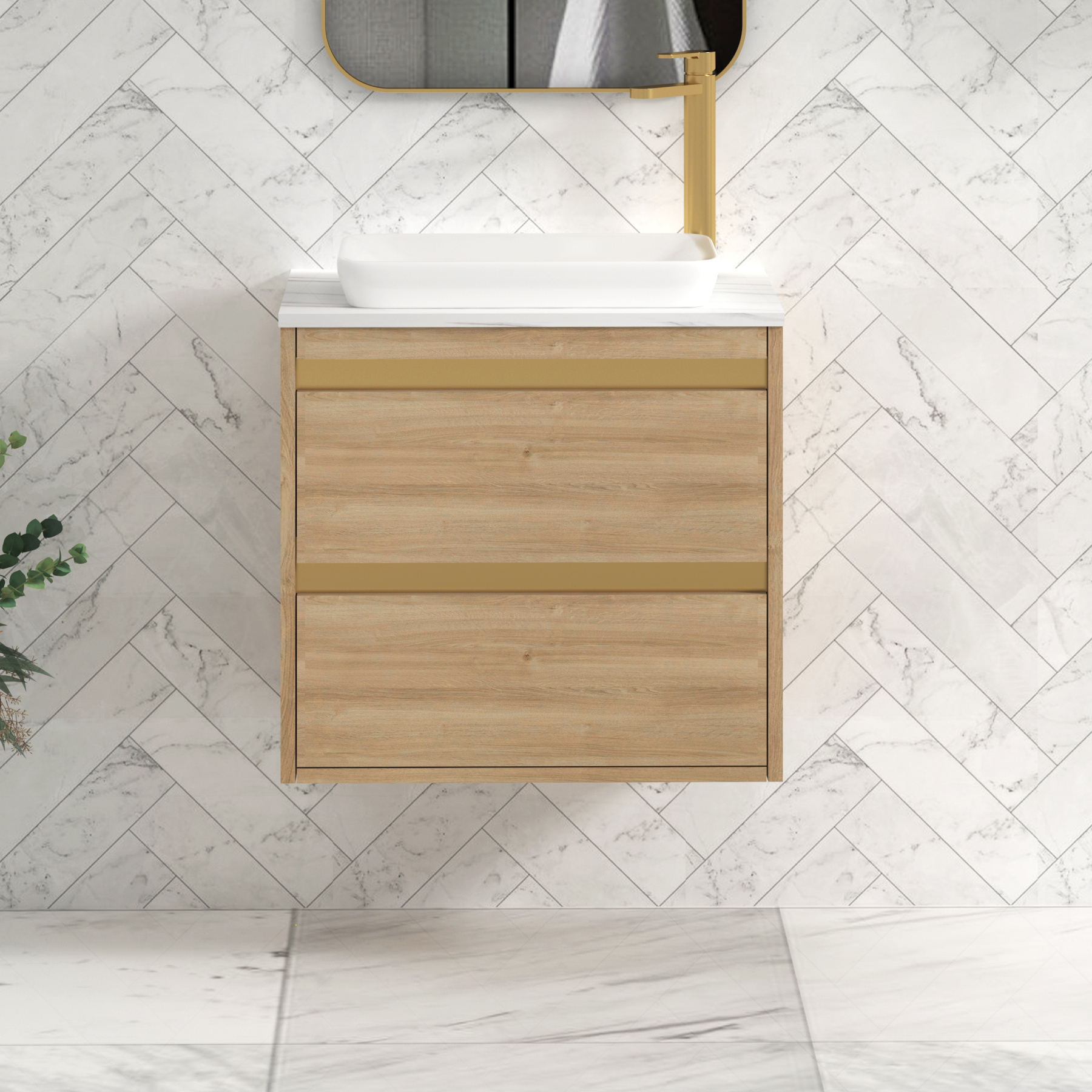 Orion 600mm Natural Oak Wall Hung Countertop Vanity Unit 2 Drawer with Qubix Basin & Brushed Brass Accent Trim
