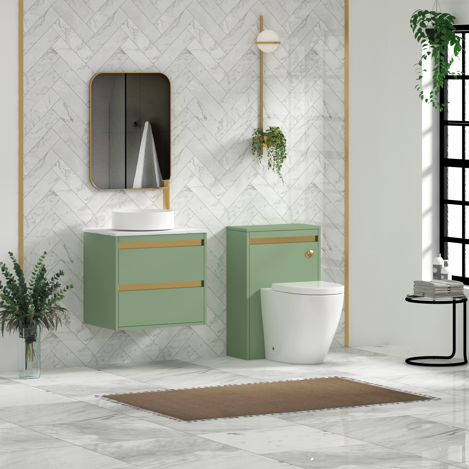 Orion 600mm Mint Sage Wall Hung Countertop Vanity Unit 2 Drawer with Art Basin & Brushed Brass Accent Trim