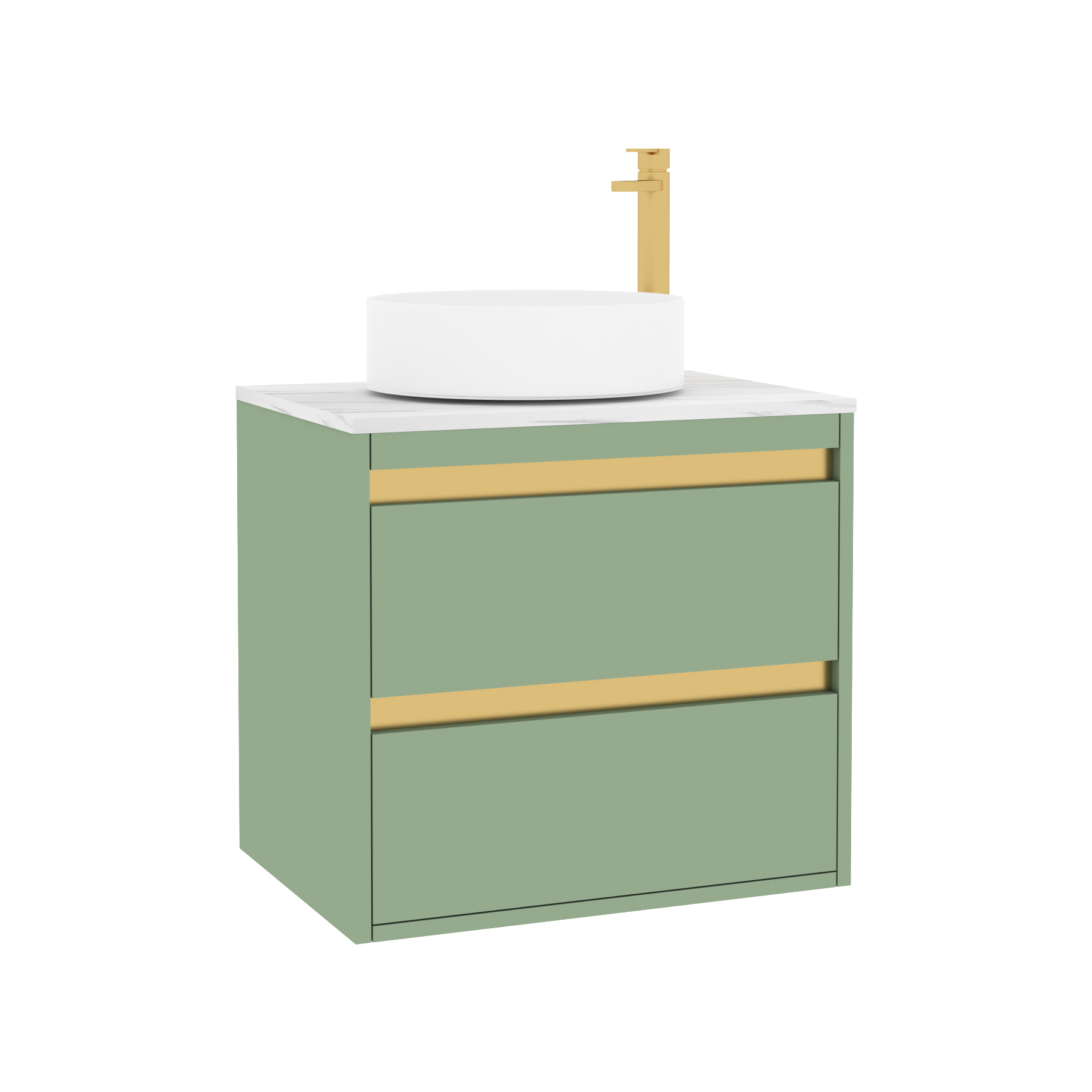 Orion 600mm Mint Sage Wall Hung Countertop Vanity Unit 2 Drawer with Art Basin & Brushed Brass Accent Trim
