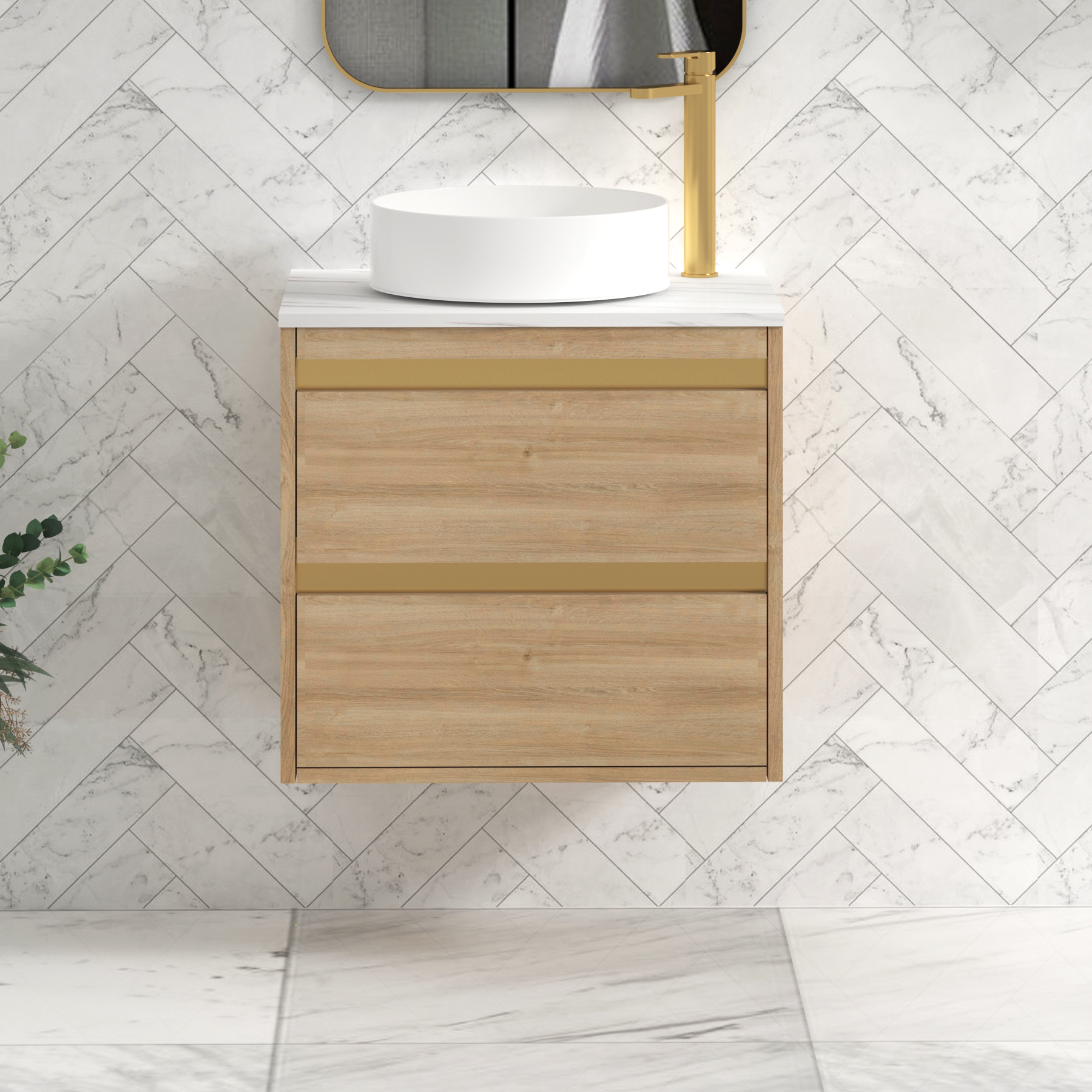 Orion 600mm Natural Oak Wall Hung Vanity Unit 2 Drawer with Carrara White Undrilled Worktop & Brushed Brass Accent Trim