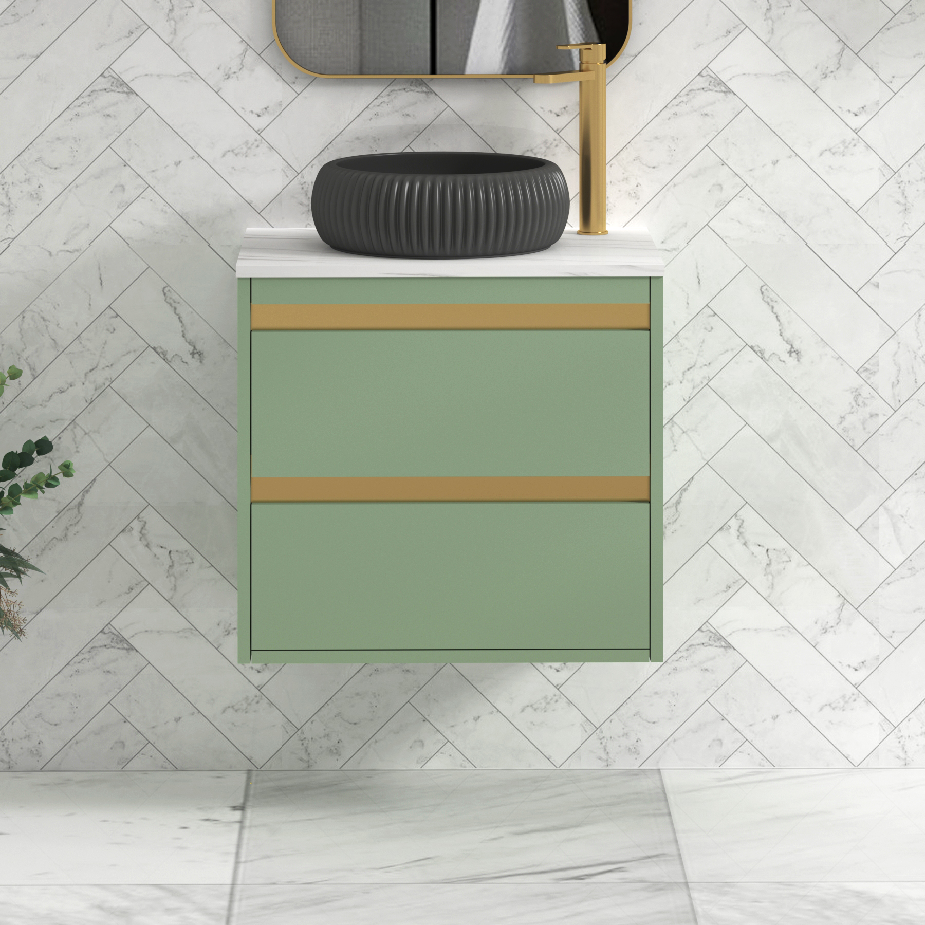 Orion 600mm Mint Sage Wall Hung Countertop Vanity Unit 2 Drawer with Milan Black Basin & Brushed Brass Accent Trim