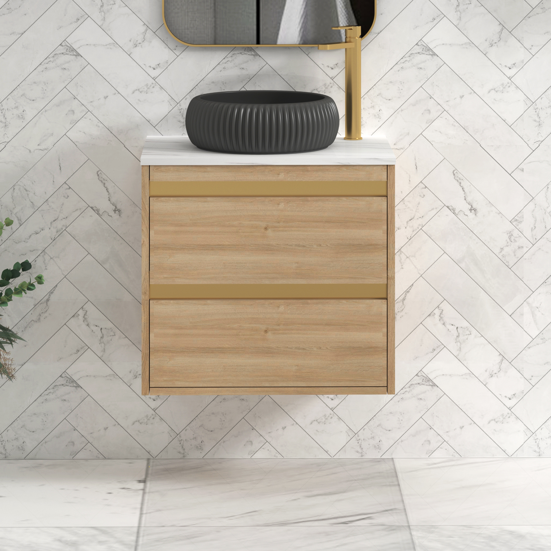 Orion 600mm Natural Oak Wall Hung Countertop Vanity Unit 2 Drawer with Milan Black Basin & Brushed Brass Accent Trim