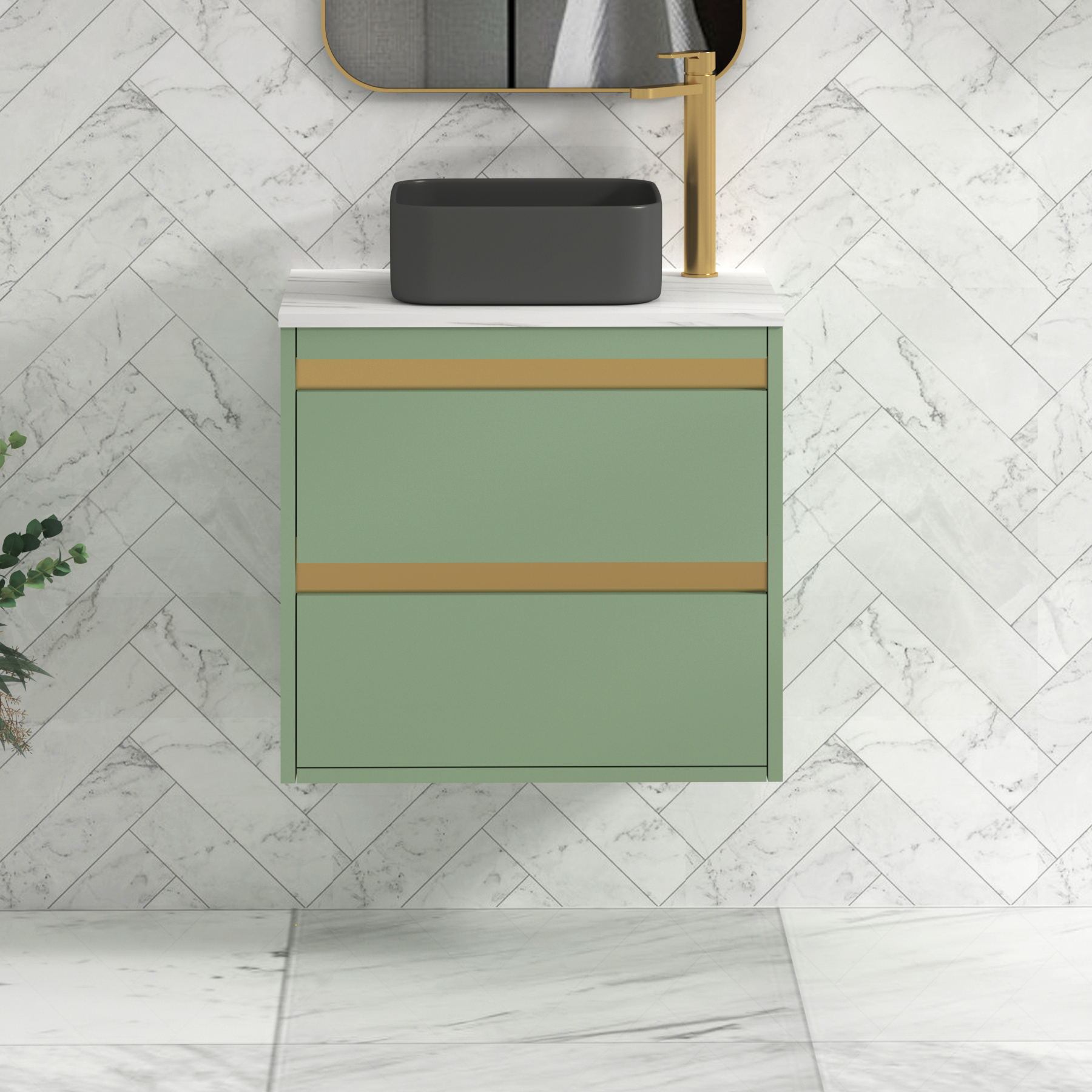 Orion 600mm Mint Sage Wall Hung Countertop Vanity Unit 2 Drawer with Art Square Basin & Brushed Brass Accent Trim