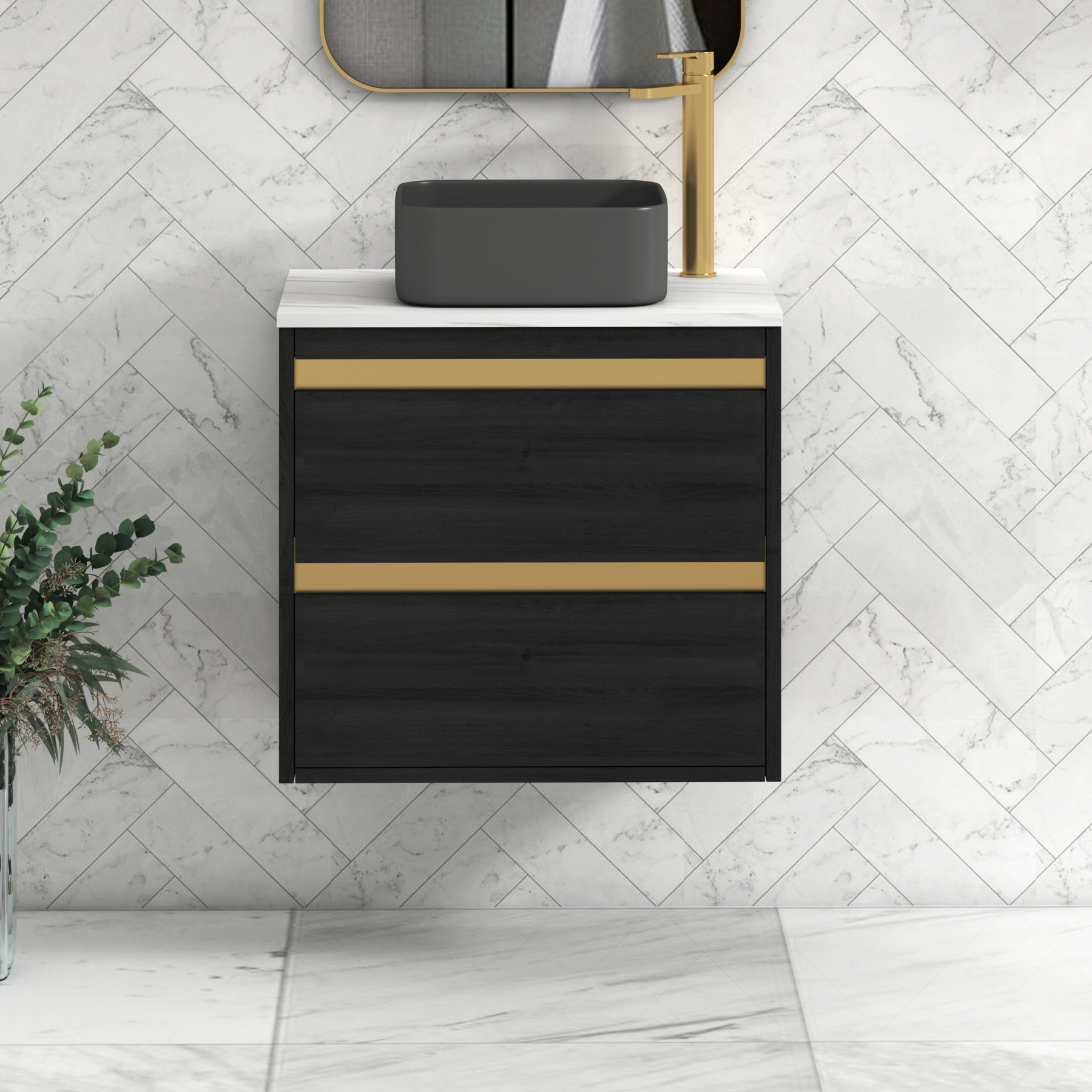 Orion 2 Drawer Hale Black Wall Hung Vanity Unit with Carrara White Top & Countertop Basin | Brushed Brass Accent Trim