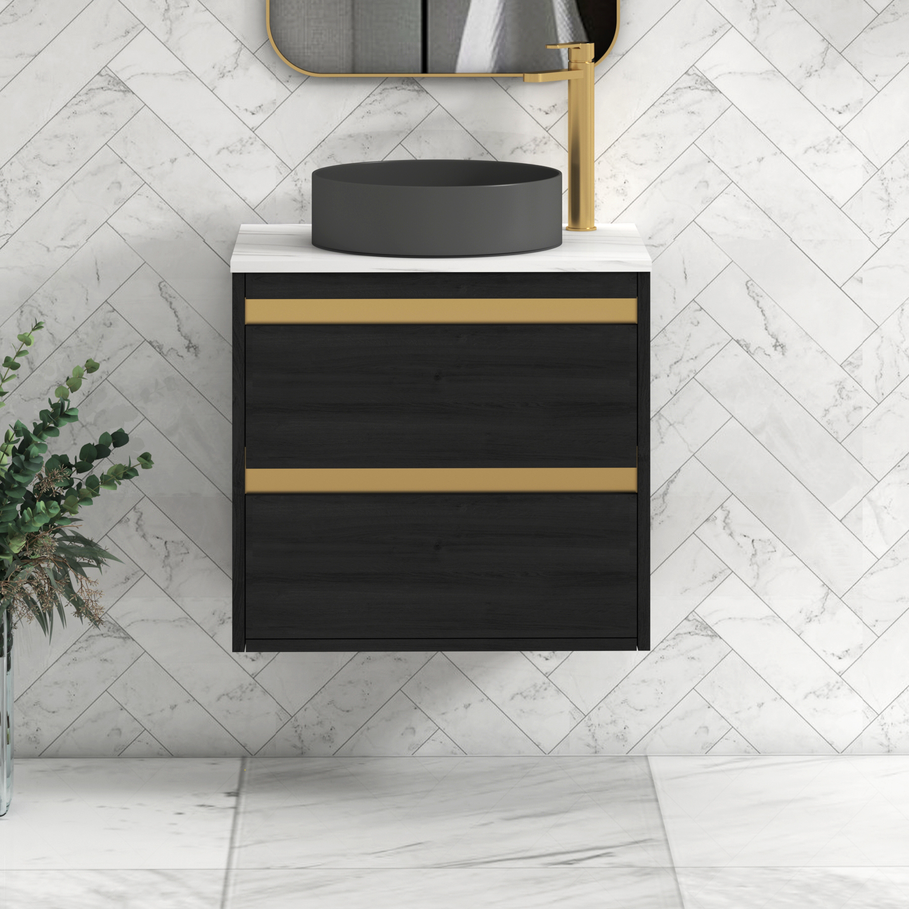 Orion 2 Drawer Hale Black Wall Hung Vanity Unit with Carrara White Top & Countertop Basin | Brushed Brass Accent Trim