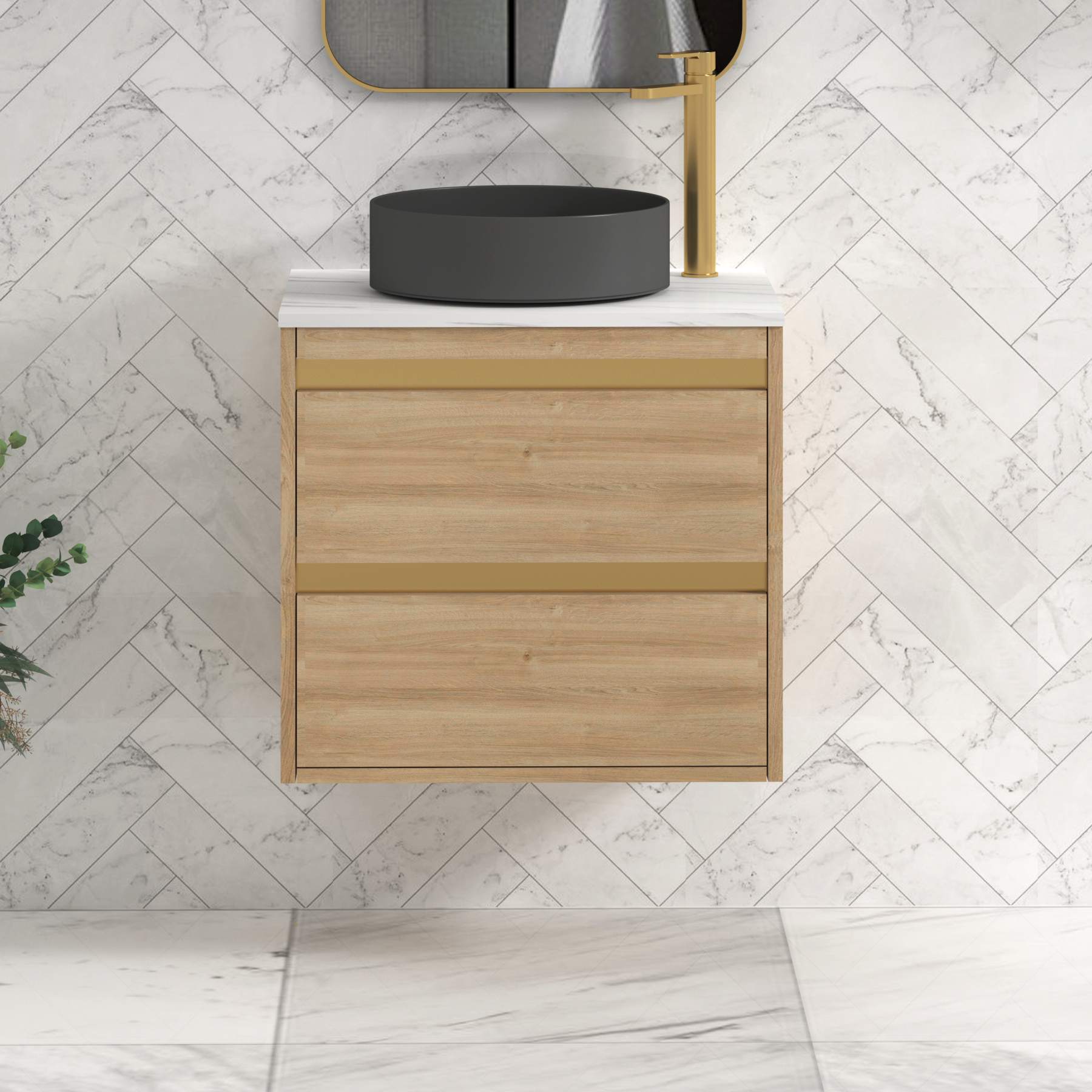 Orion 600mm Natural Oak Wall Hung Countertop Vanity Unit 2 Drawer with Art Round Basin & Brushed Brass Accent Trim