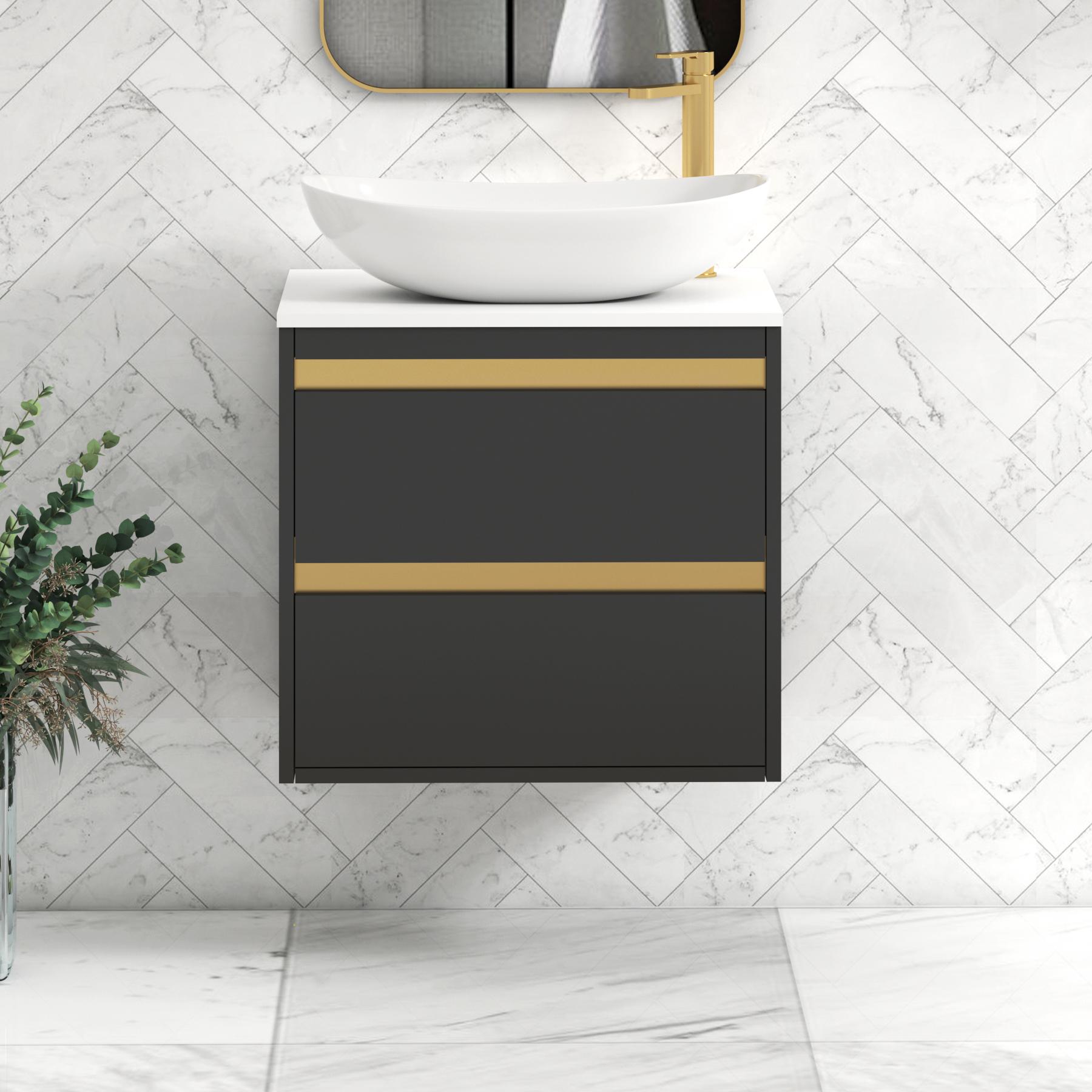 Orion 2 Drawer Matt Obsidian Black Wall Hung Vanity Unit with Plain White Top & Countertop Basin | Brushed Brass Accent Trim
