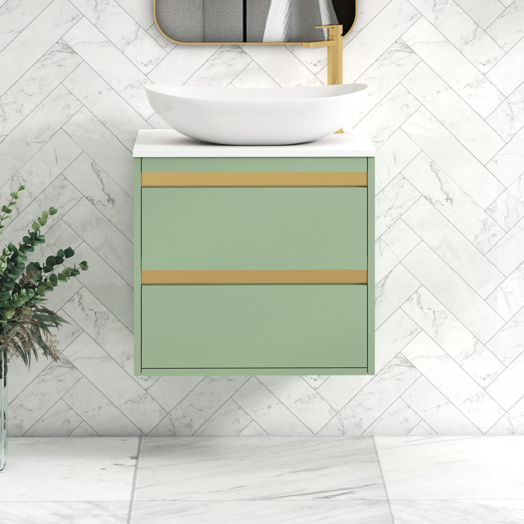 Orion 2 Drawer Mint Sage Wall Hung Vanity Unit with Plain White Top & Countertop Basin | Brushed Brass Accent Trim