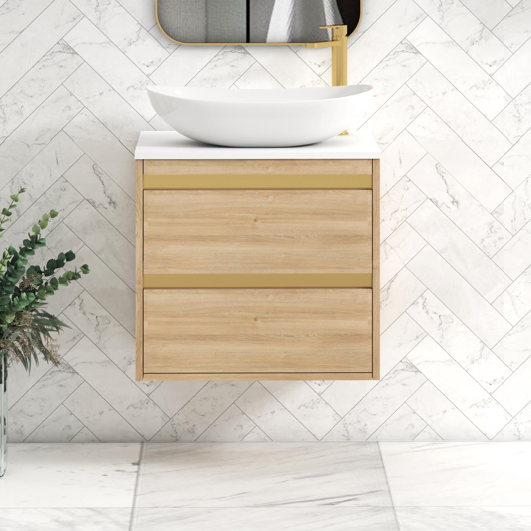 Orion 2 Drawer Natural Oak Wall Hung Vanity Unit with Plain White Top & Countertop Basin | Brushed Brass Accent Trim