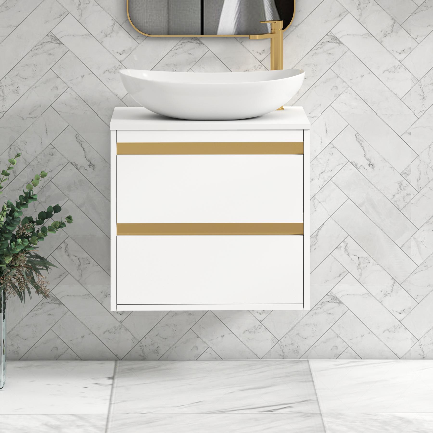Orion 2 Drawer Matt White Wall Hung Vanity Unit with Plain White Top & Countertop Basin | Brushed Brass Accent Trim