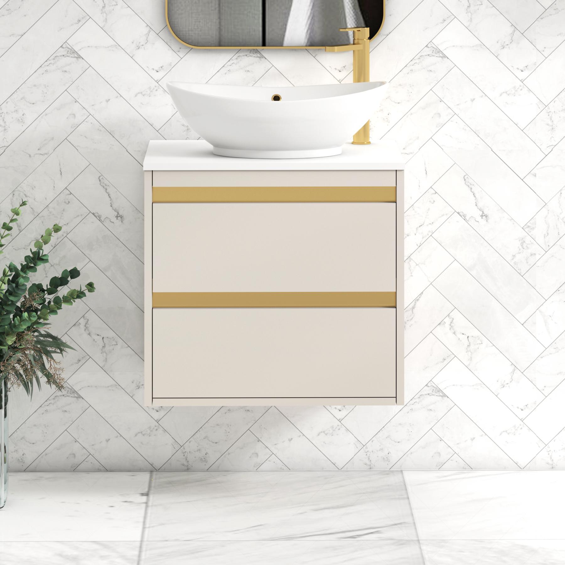 Orion 2 Drawer Warm Taupe Wall Hung Vanity Unit with Plain White Top & Countertop Basin | Brushed Brass Accent Trim