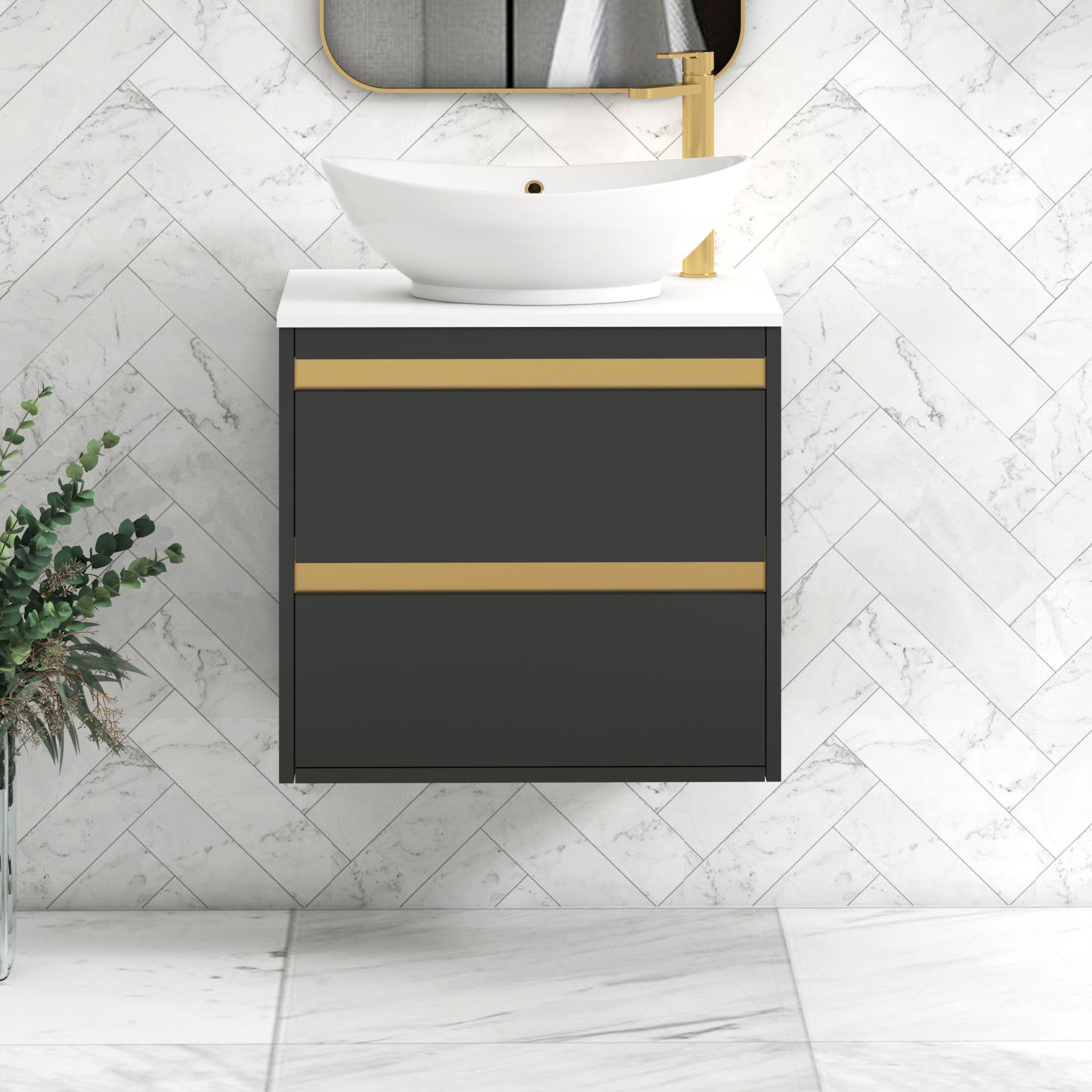 Orion 2 Drawer Matt Obsidian Black Wall Hung Vanity Unit with Plain White Top & Countertop Basin | Brushed Brass Accent Trim