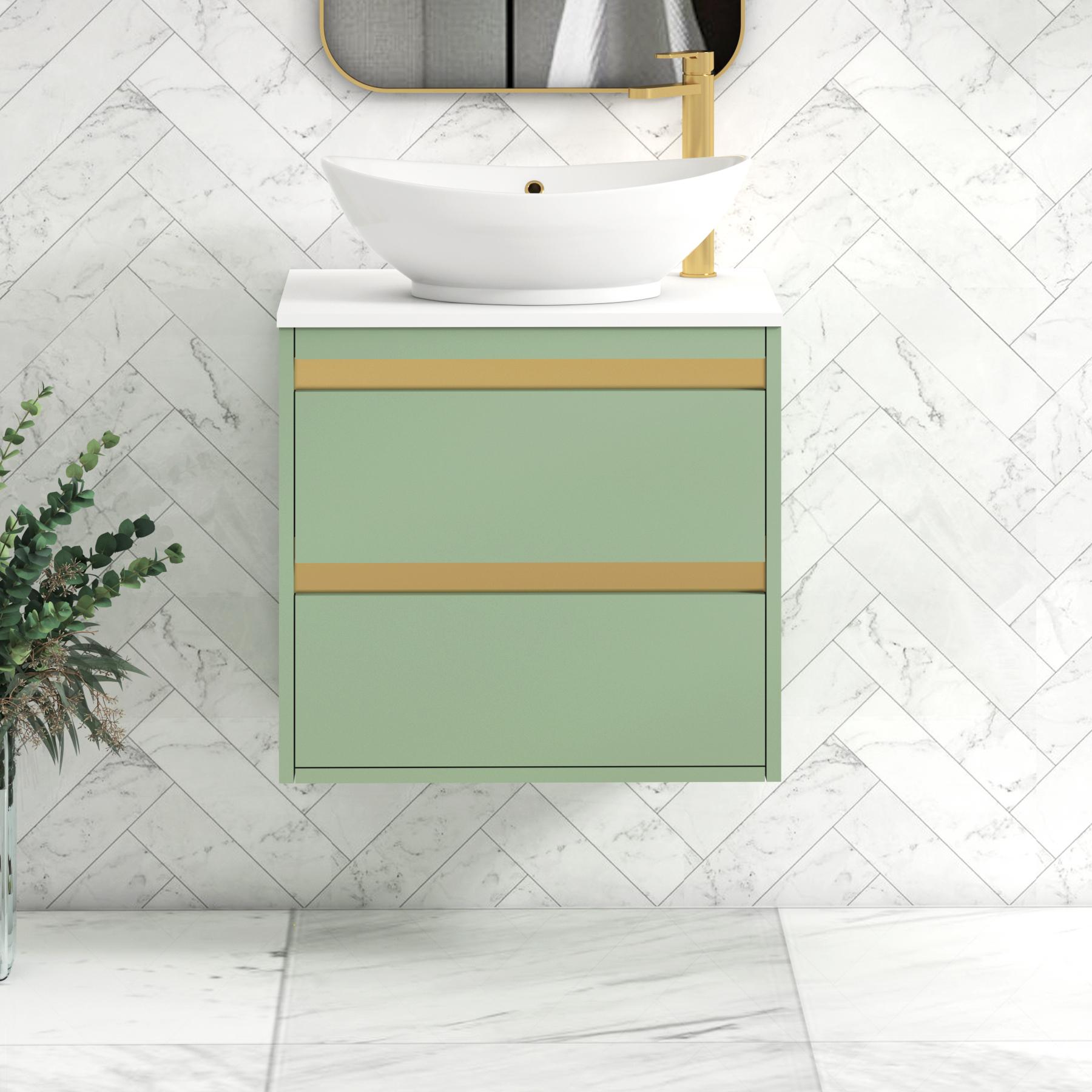 Orion 2 Drawer Mint Sage Wall Hung Vanity Unit with Plain White Top & Countertop Basin | Brushed Brass Accent Trim