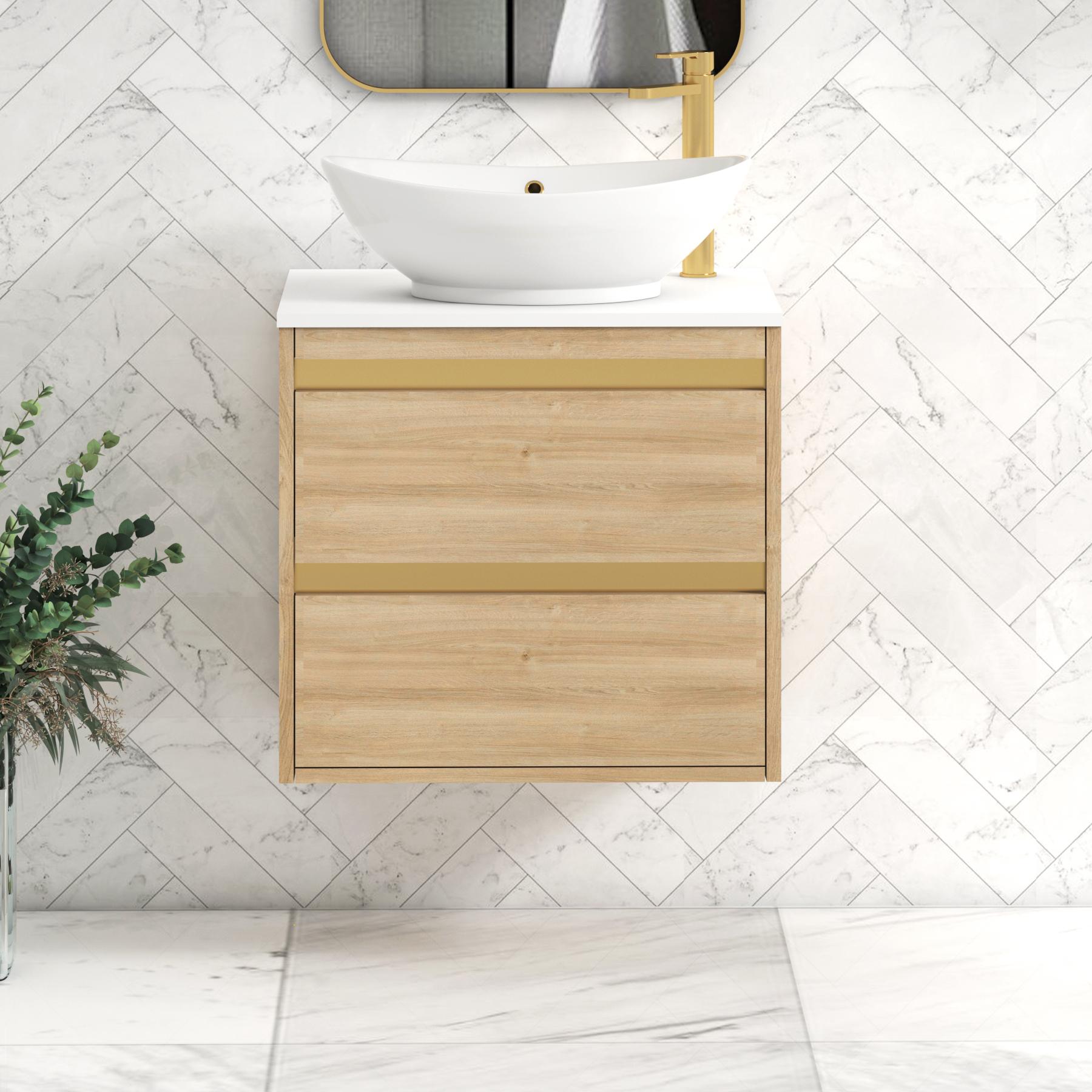 Orion 2 Drawer Natural Oak Wall Hung Vanity Unit with Plain White Top & Countertop Basin | Brushed Brass Accent Trim