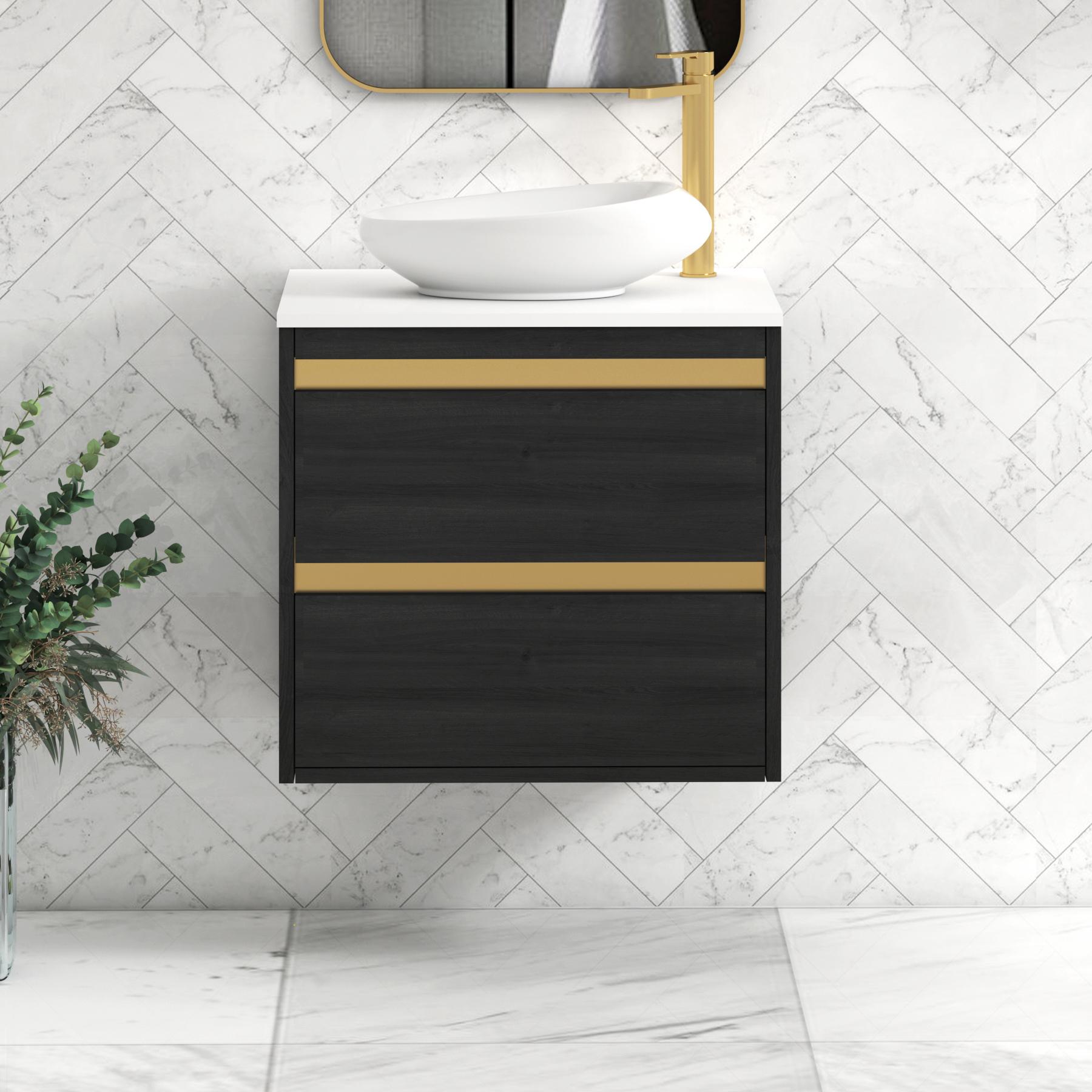 Orion 2 Drawer Hale Black Wall Hung Vanity Unit with Plain White Top & Countertop Basin | Brushed Brass Accent Trim