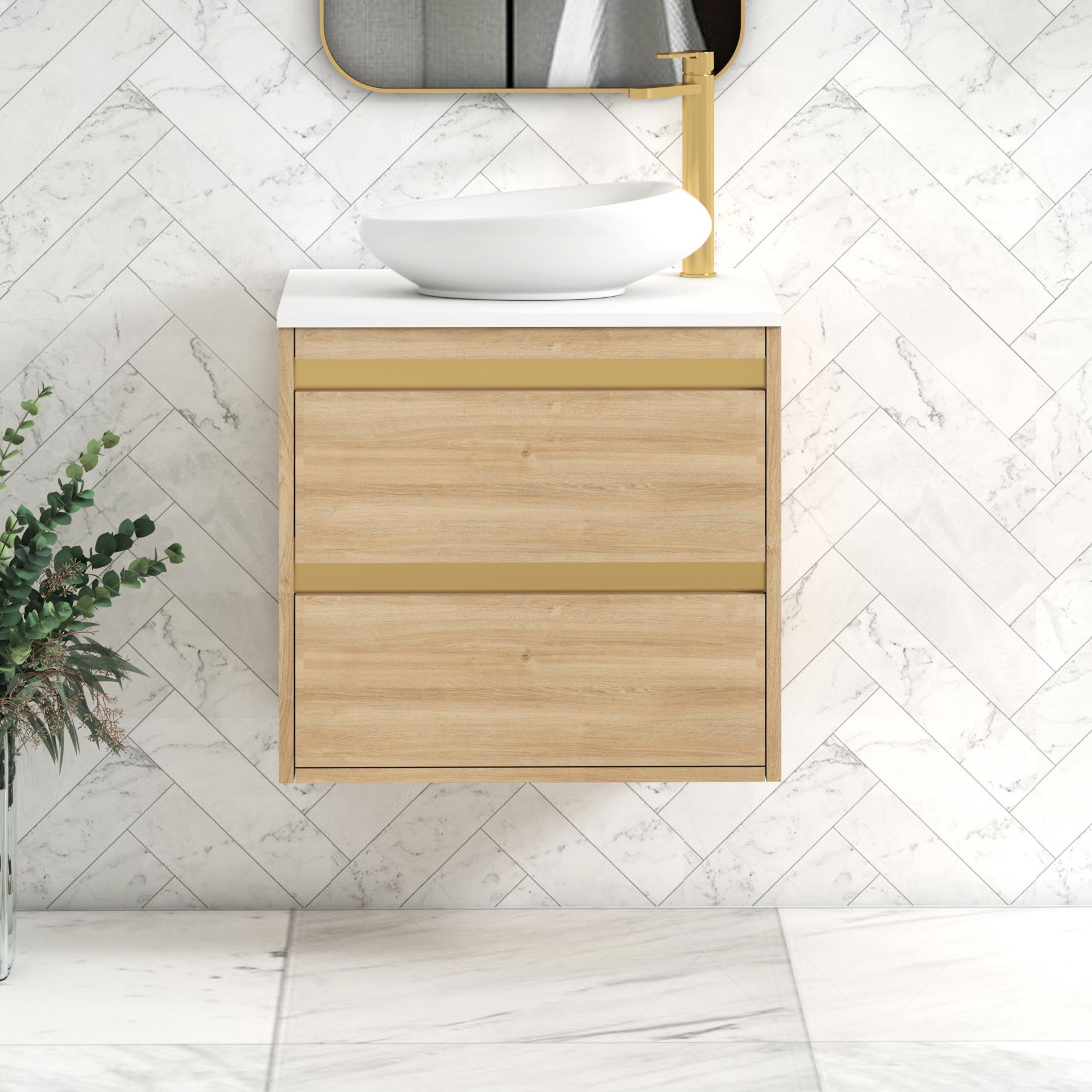 Orion 2 Drawer Natural Oak Wall Hung Vanity Unit with Plain White Top & Countertop Basin | Brushed Brass Accent Trim