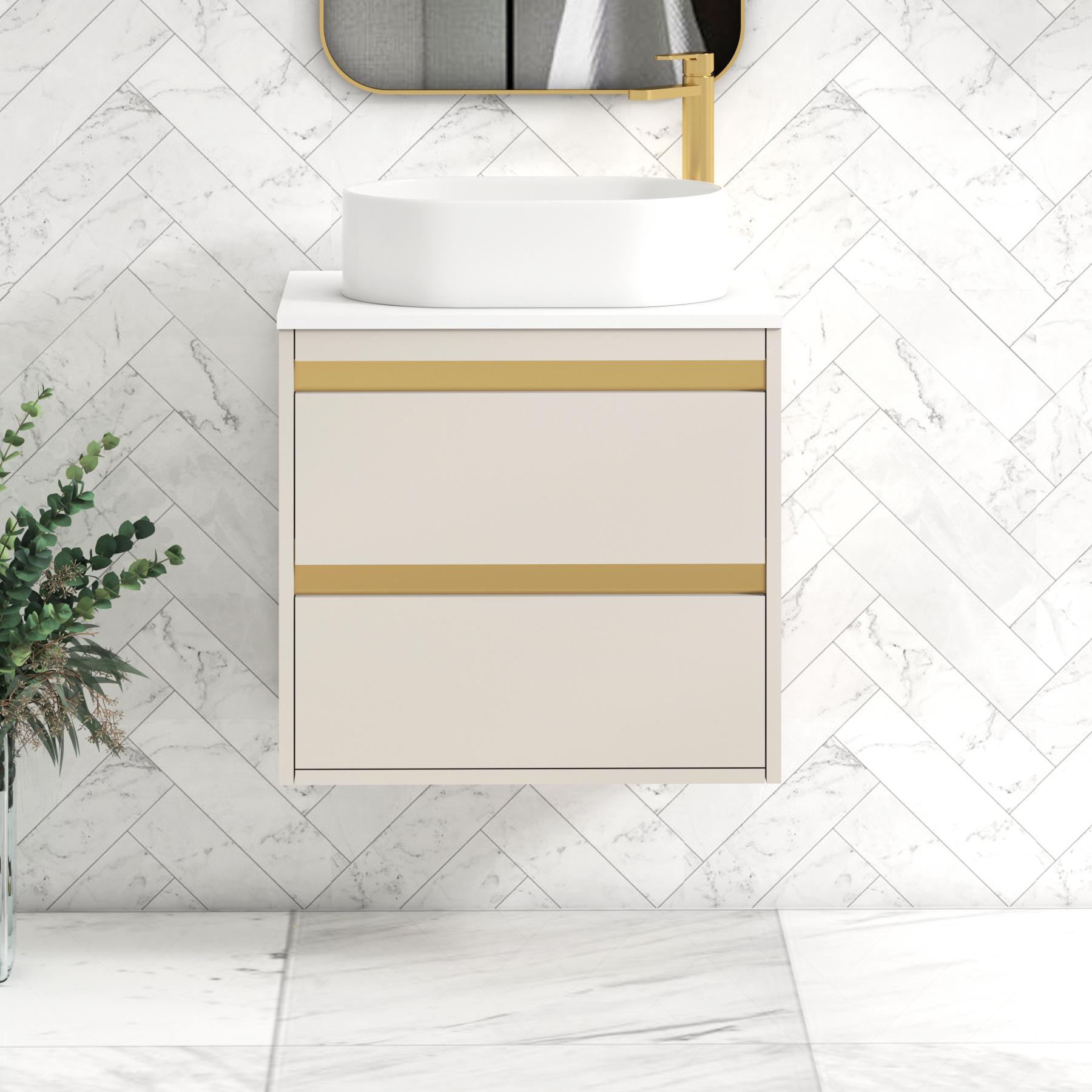 Orion 2 Drawer Warm Taupe Wall Hung Vanity Unit with Plain White Top & Countertop Basin | Brushed Brass Accent Trim