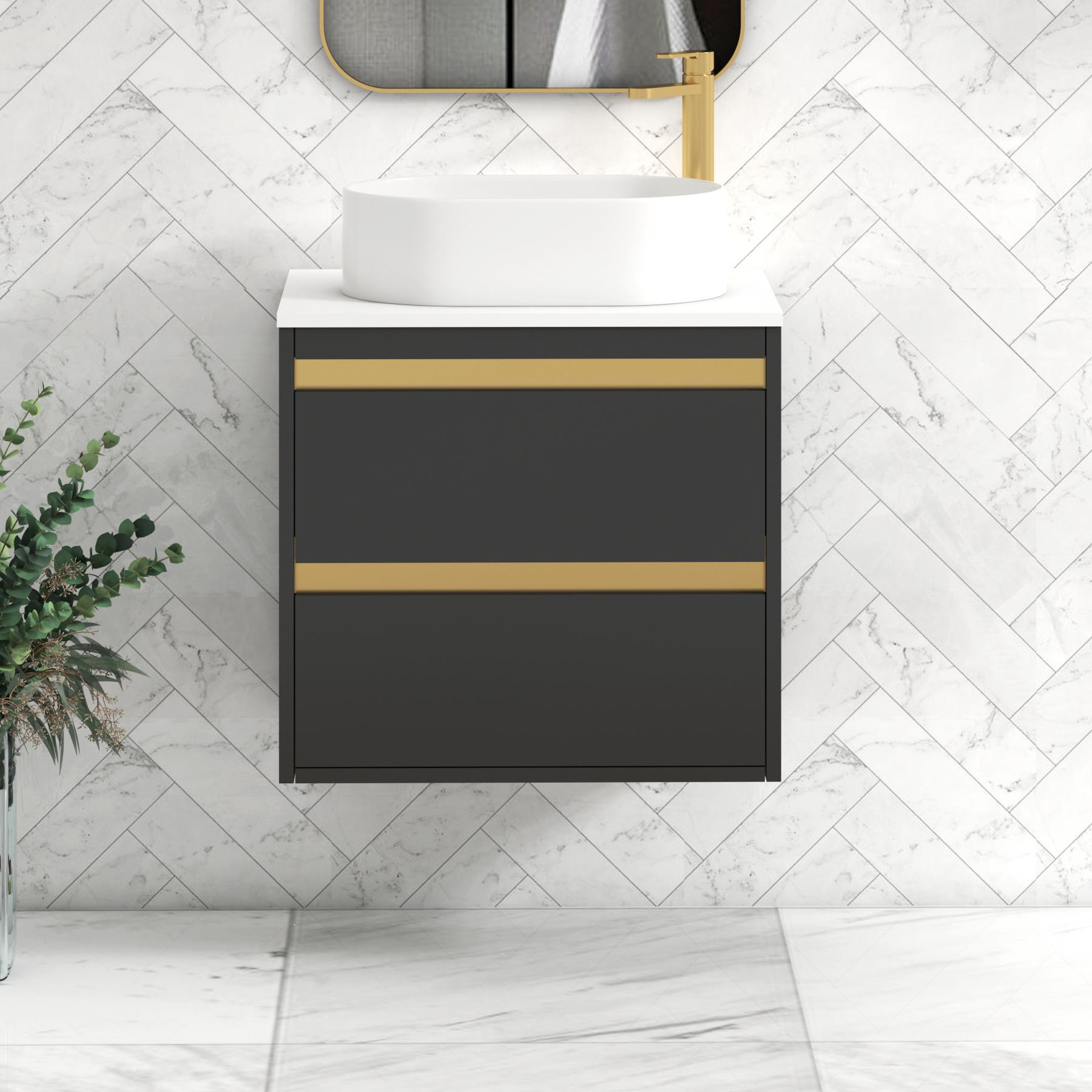 Orion 2 Drawer Matt Obsidian Black Wall Hung Vanity Unit with Plain White Top & Countertop Basin | Brushed Brass Accent Trim