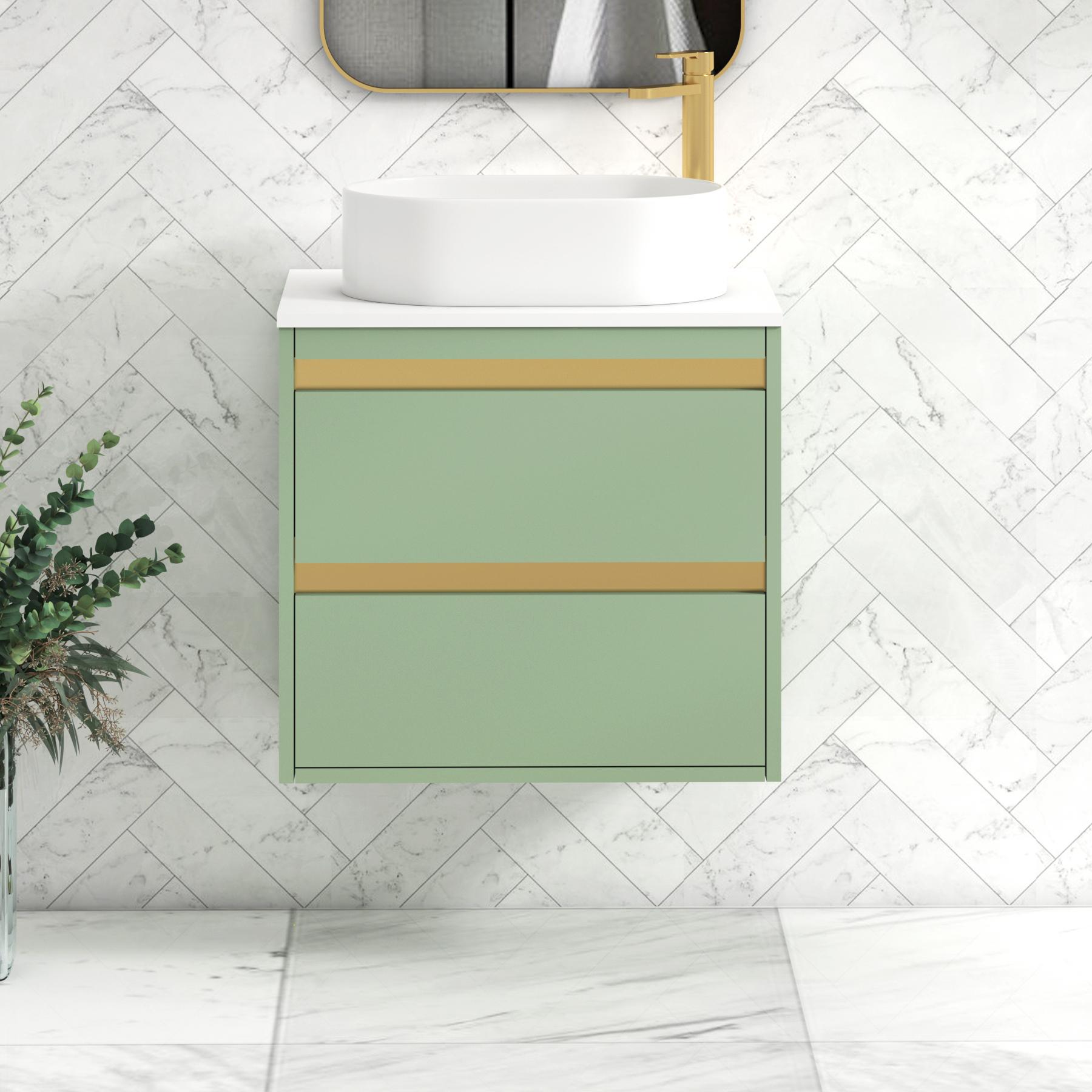 Orion 2 Drawer Mint Sage Wall Hung Vanity Unit with Plain White Top & Countertop Basin | Brushed Brass Accent Trim