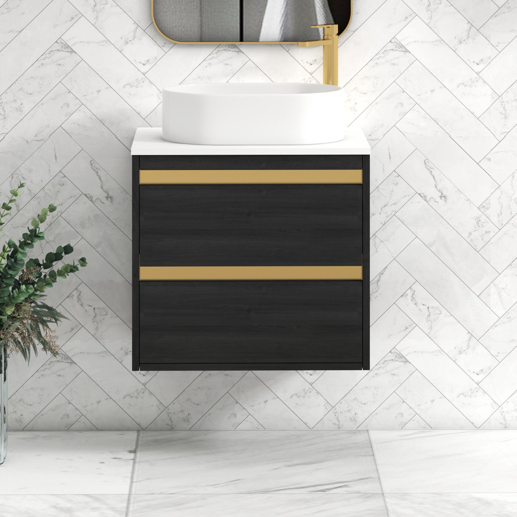 Orion 2 Drawer Hale Black Wall Hung Vanity Unit with Plain White Top & Countertop Basin | Brushed Brass Accent Trim