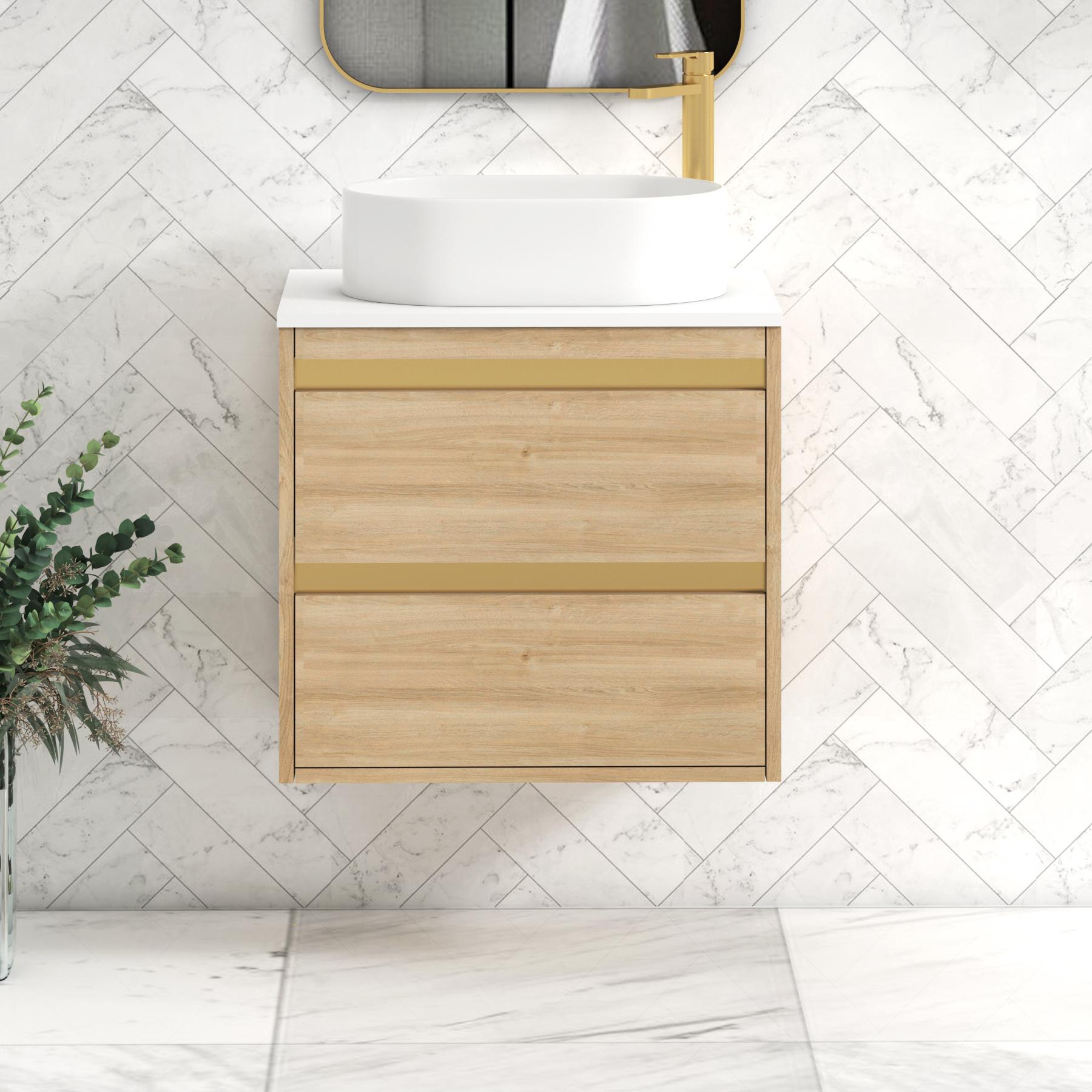 Orion 2 Drawer Natural Oak Wall Hung Vanity Unit with Plain White Top & Countertop Basin | Brushed Brass Accent Trim