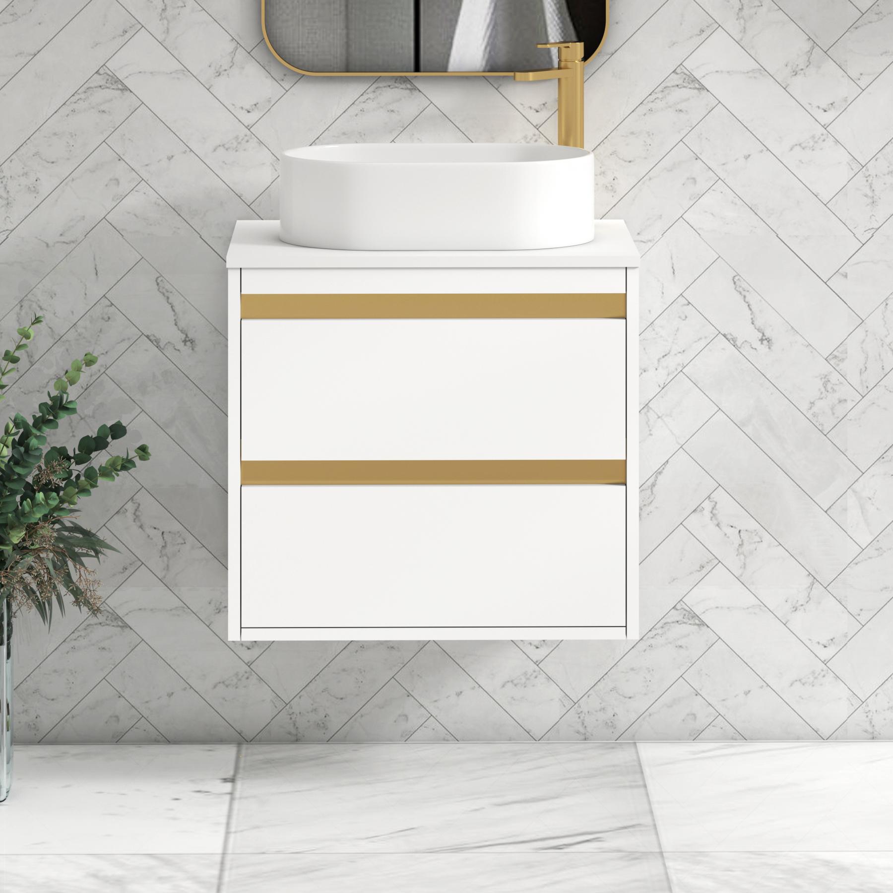 Orion 2 Drawer Matt White Wall Hung Vanity Unit with Plain White Top & Countertop Basin | Brushed Brass Accent Trim
