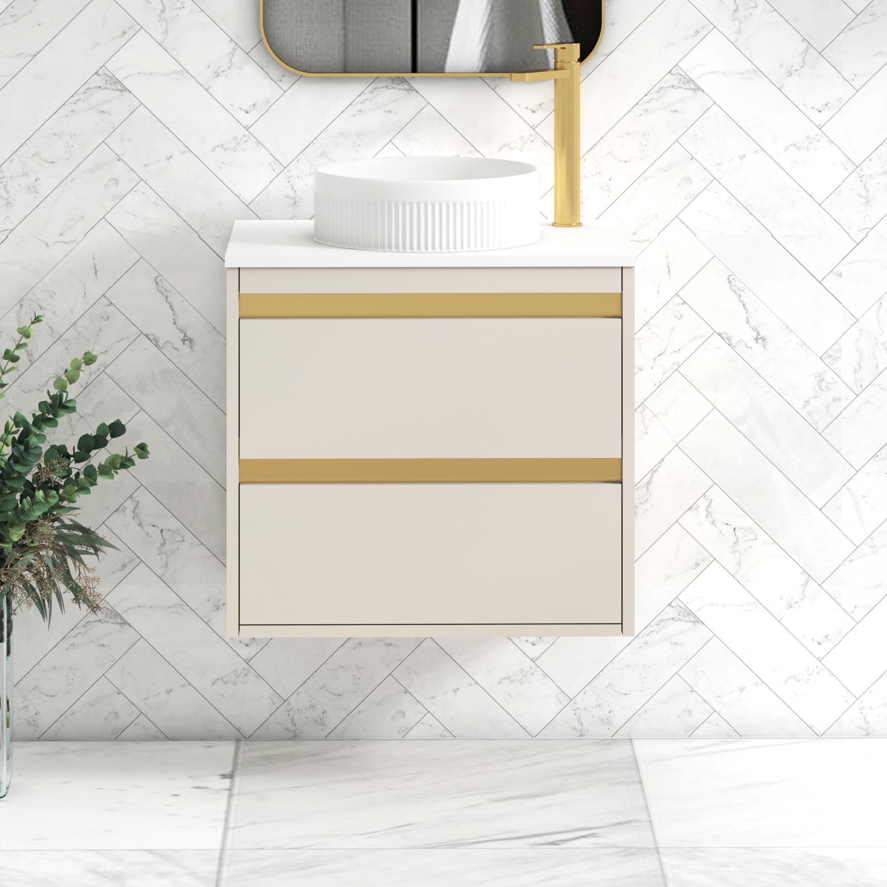 Orion 2 Drawer Warm Taupe Wall Hung Vanity Unit with Plain White Top & Countertop Basin | Brushed Brass Accent Trim