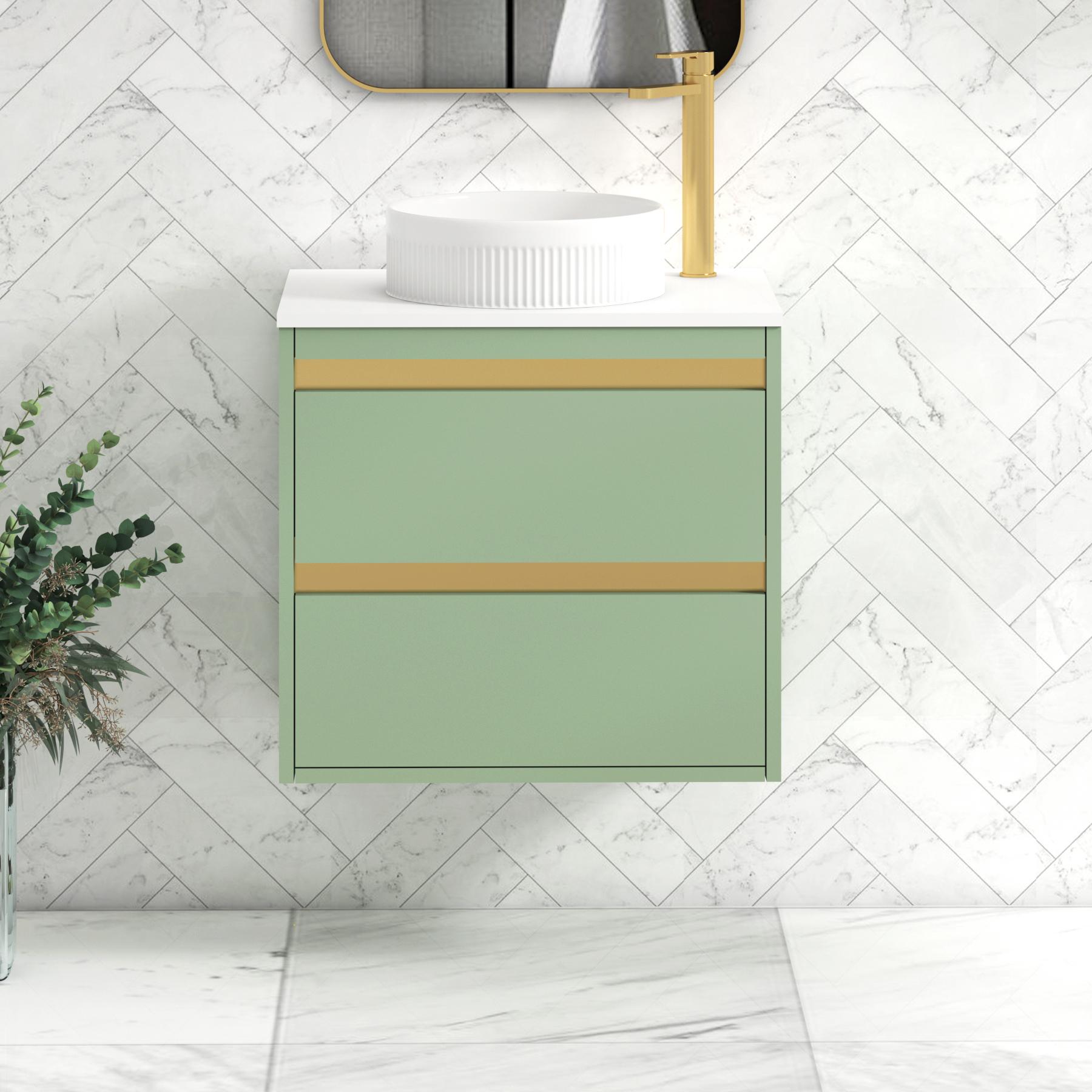 Orion 2 Drawer Mint Sage Wall Hung Vanity Unit with Plain White Top & Countertop Basin | Brushed Brass Accent Trim