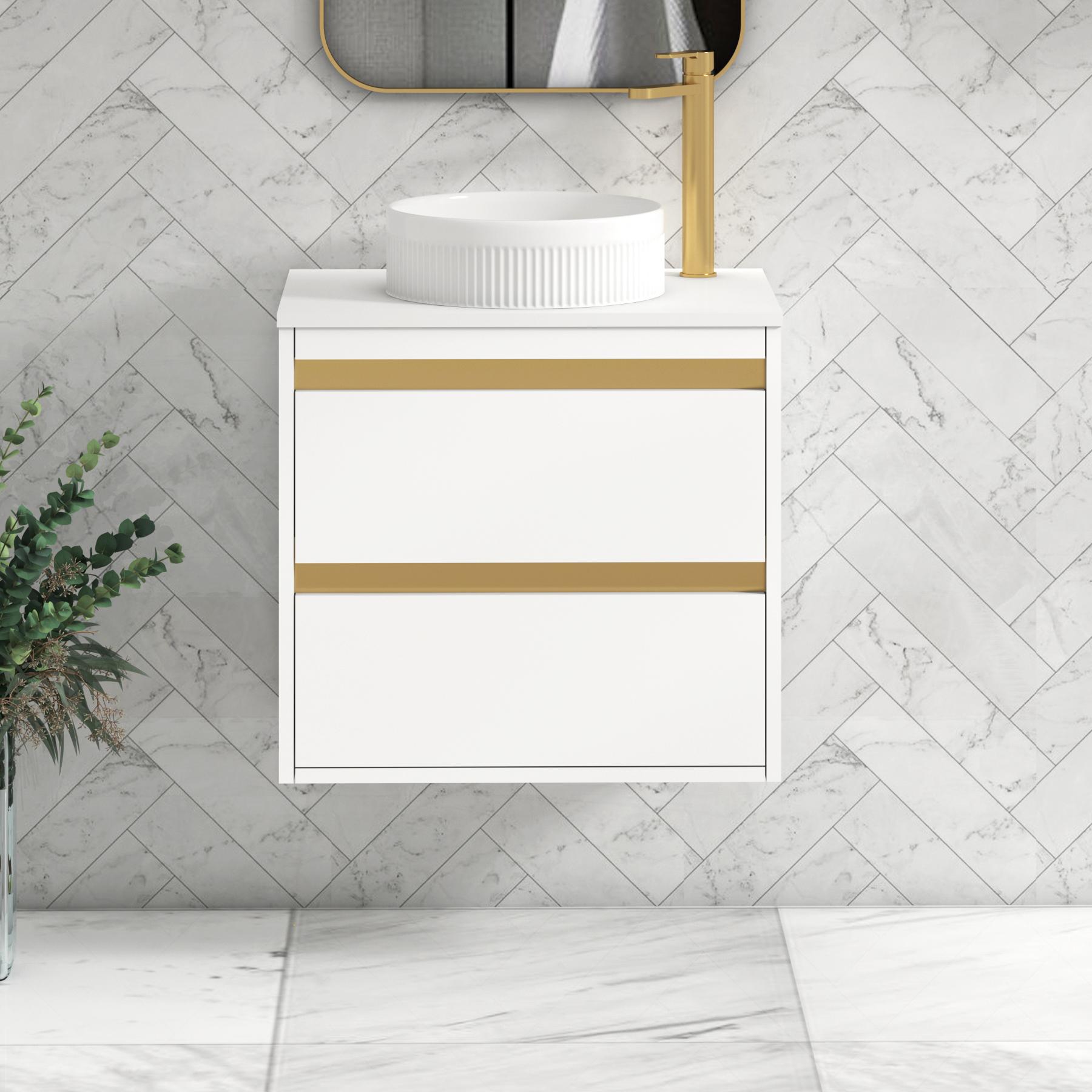Orion 2 Drawer Matt White Wall Hung Vanity Unit with Plain White Top & Countertop Basin | Brushed Brass Accent Trim