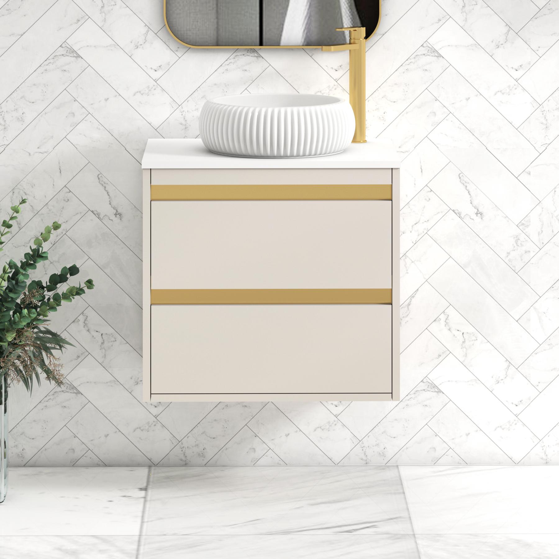 Orion 2 Drawer Warm Taupe Wall Hung Vanity Unit with Plain White Top & Countertop Basin | Brushed Brass Accent Trim