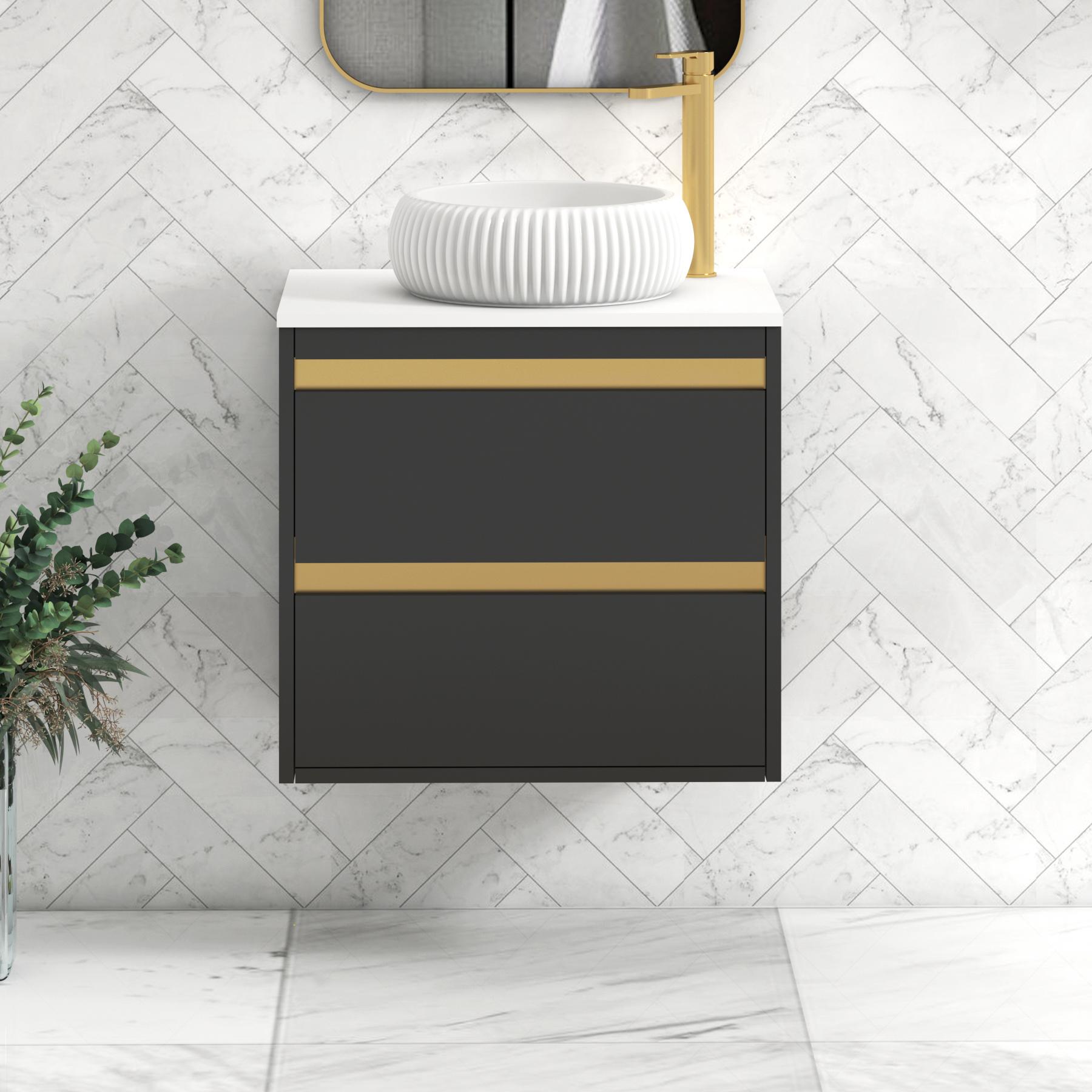 Orion 2 Drawer Matt Obsidian Black Wall Hung Vanity Unit with Plain White Top & Countertop Basin | Brushed Brass Accent Trim