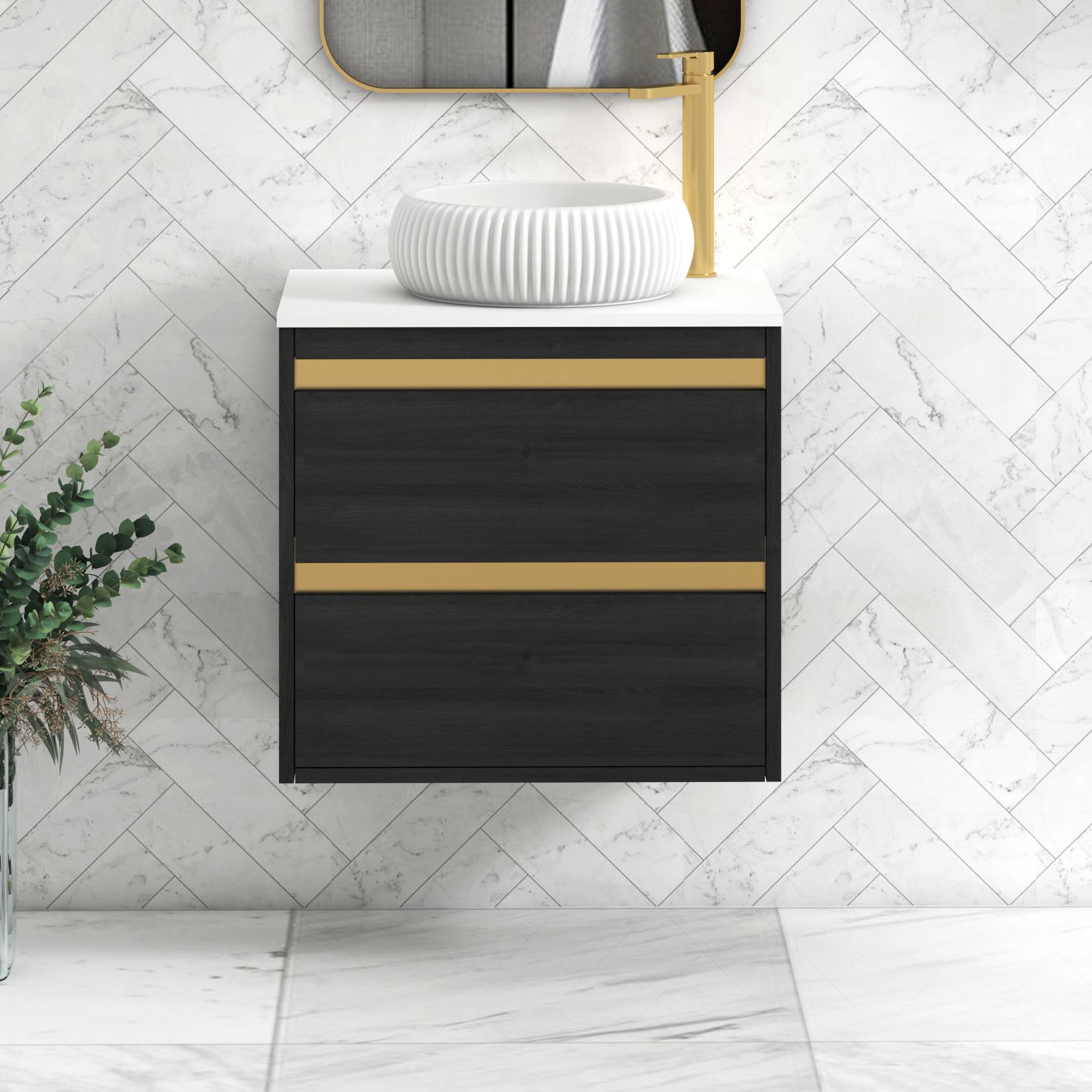 Orion 2 Drawer Hale Black Wall Hung Vanity Unit with Plain White Top & Countertop Basin | Brushed Brass Accent Trim
