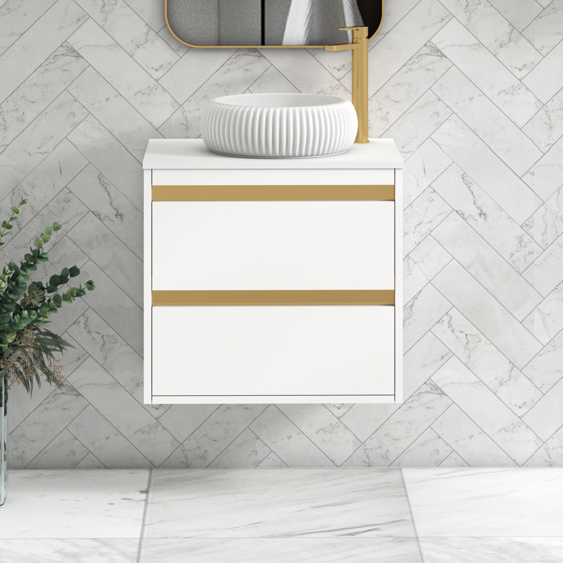 Orion 2 Drawer Matt White Wall Hung Vanity Unit with Plain White Top & Countertop Basin | Brushed Brass Accent Trim