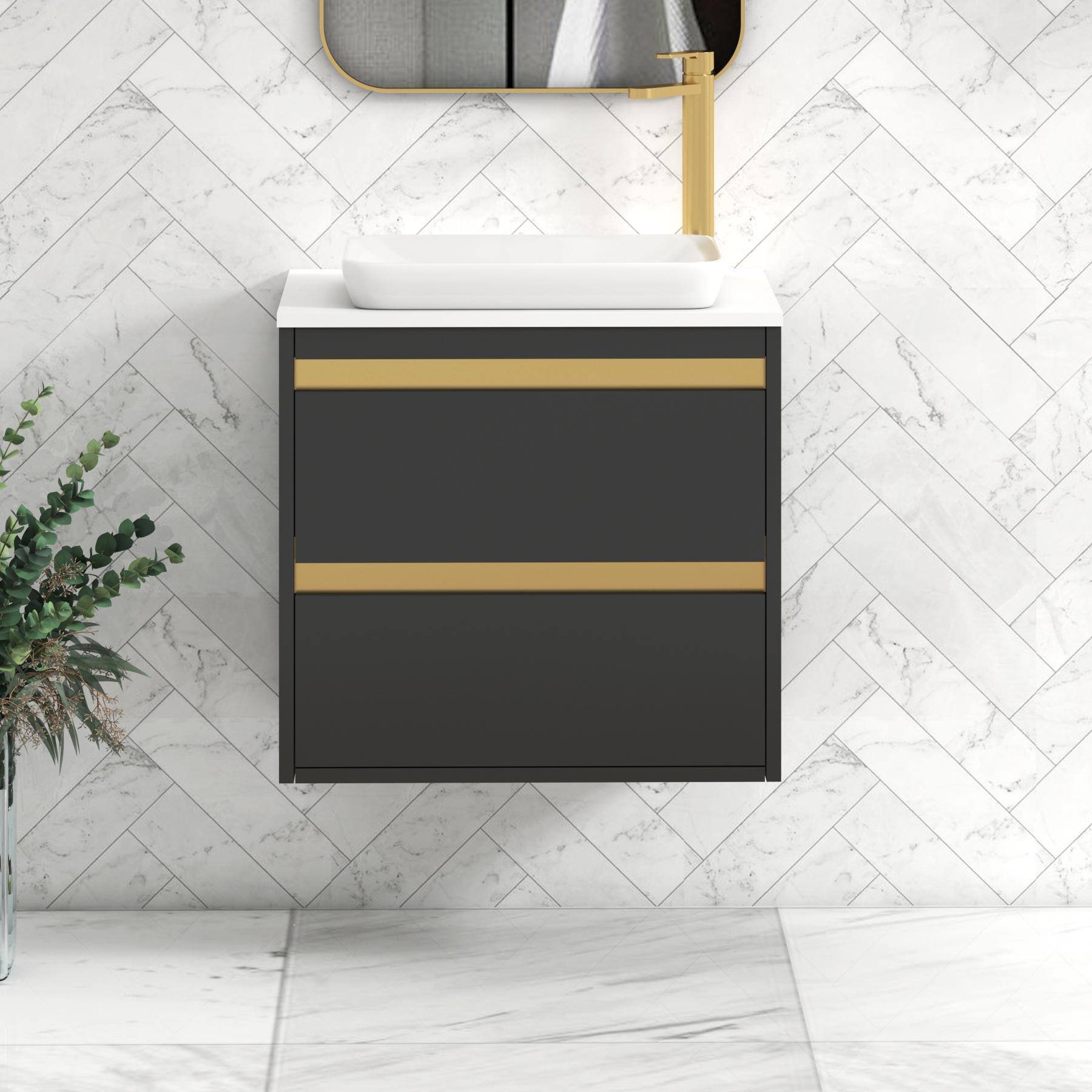 Orion 2 Drawer Matt Obsidian Black Wall Hung Vanity Unit with Plain White Top & Countertop Basin | Brushed Brass Accent Trim