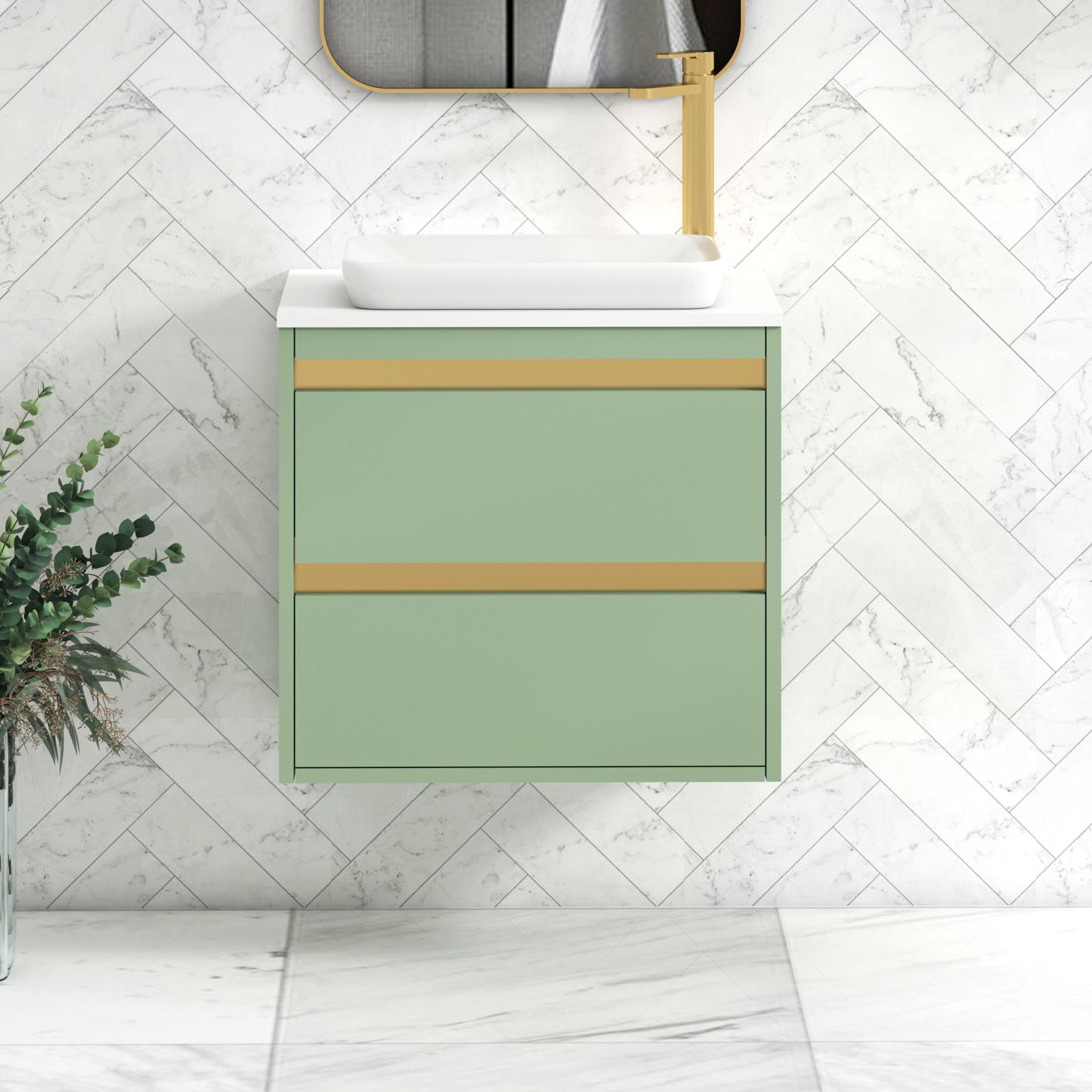 Orion 2 Drawer Mint Sage Wall Hung Vanity Unit with Plain White Top & Countertop Basin | Brushed Brass Accent Trim