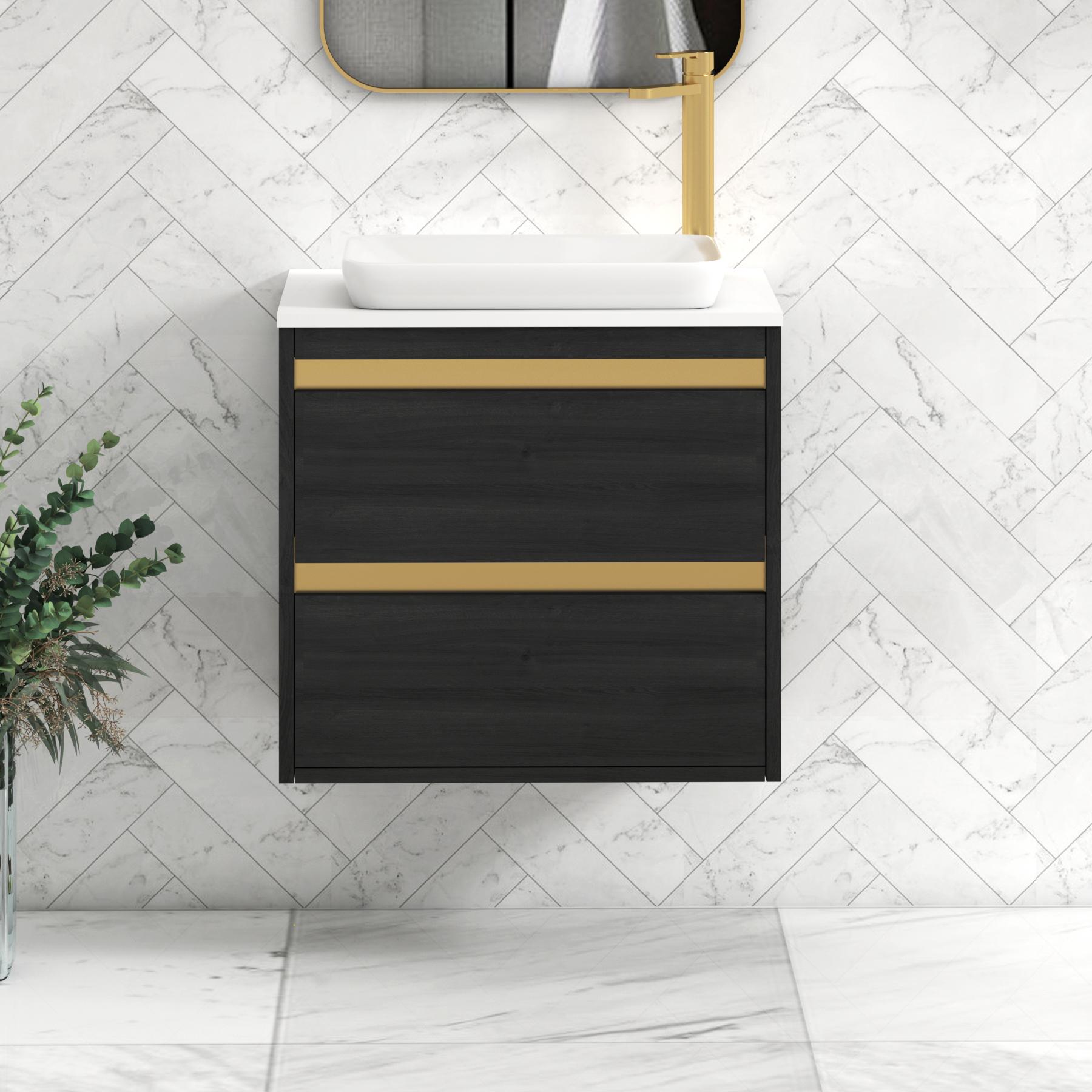 Orion 2 Drawer Hale Black Wall Hung Vanity Unit with Plain White Top & Countertop Basin | Brushed Brass Accent Trim