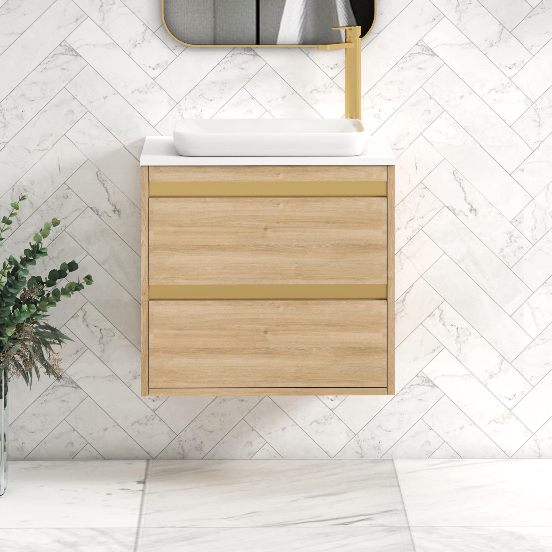 Orion 2 Drawer Natural Oak Wall Hung Vanity Unit with Plain White Top & Countertop Basin | Brushed Brass Accent Trim