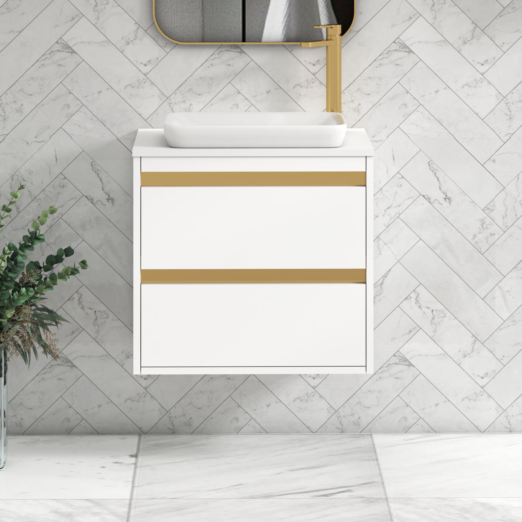Orion 2 Drawer Matt White Wall Hung Vanity Unit with Plain White Top & Countertop Basin | Brushed Brass Accent Trim