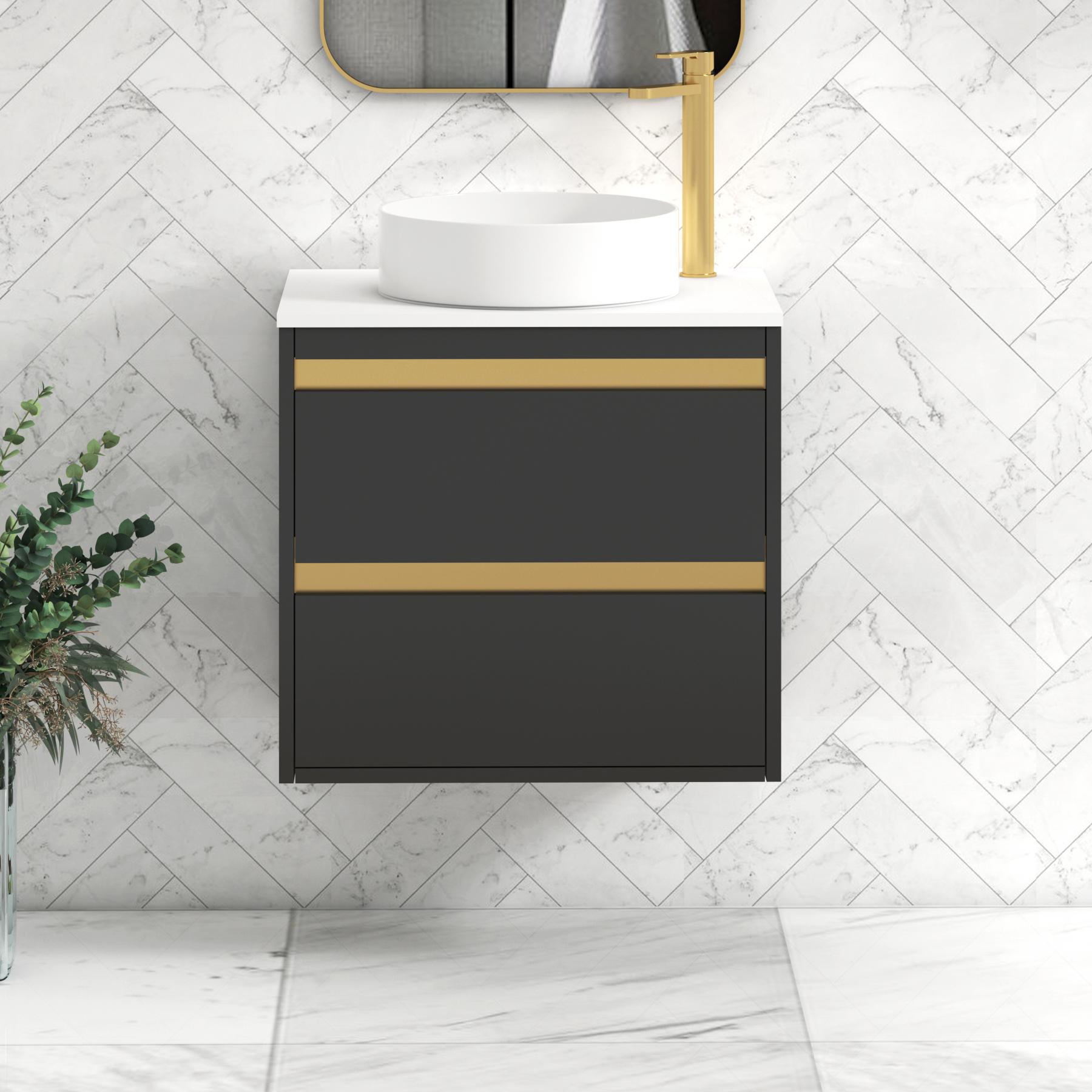 Orion 2 Drawer Matt Obsidian Black Wall Hung Vanity Unit with Plain White Top & Countertop Basin | Brushed Brass Accent Trim