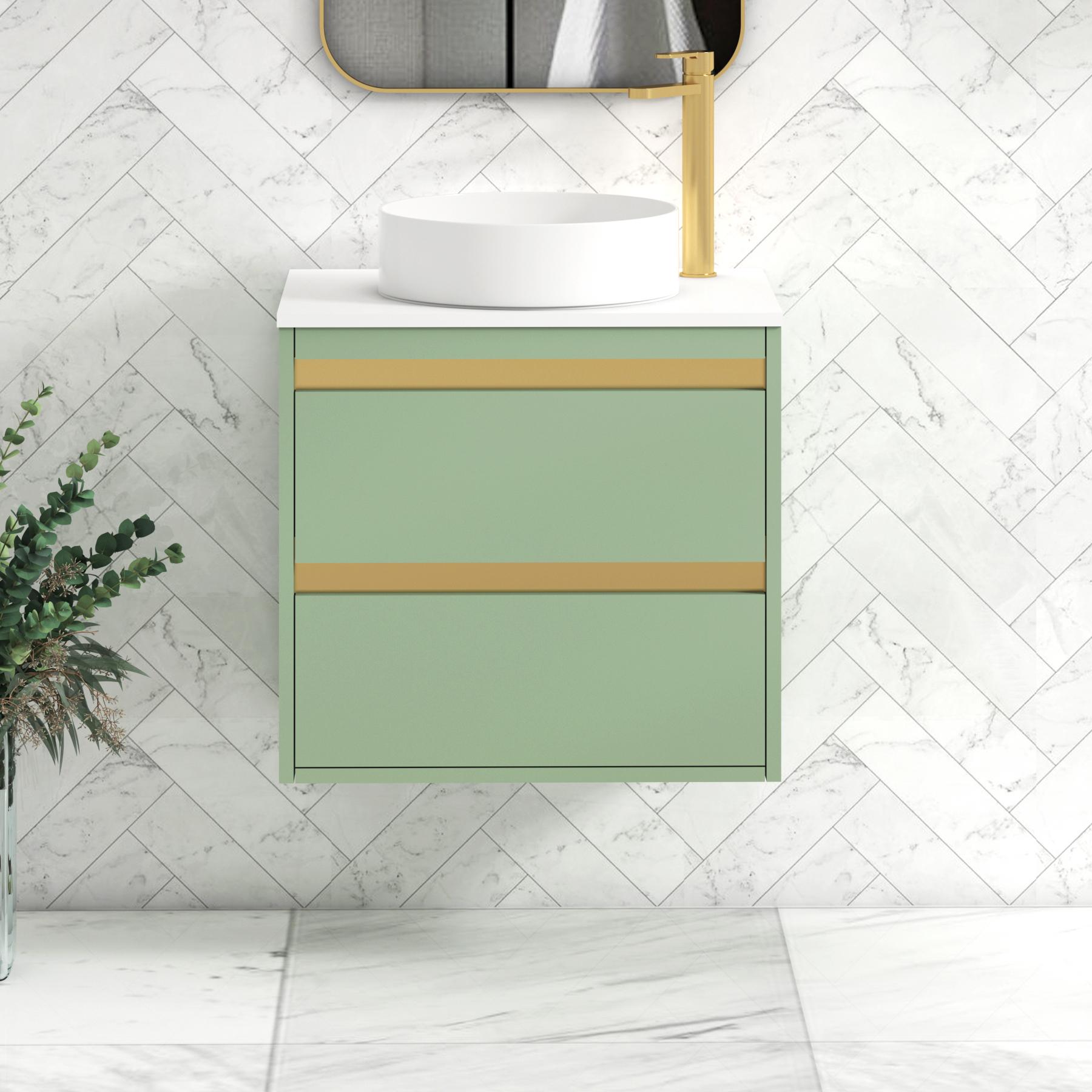 Orion 2 Drawer Mint Sage Wall Hung Vanity Unit with Plain White Top & Countertop Basin | Brushed Brass Accent Trim