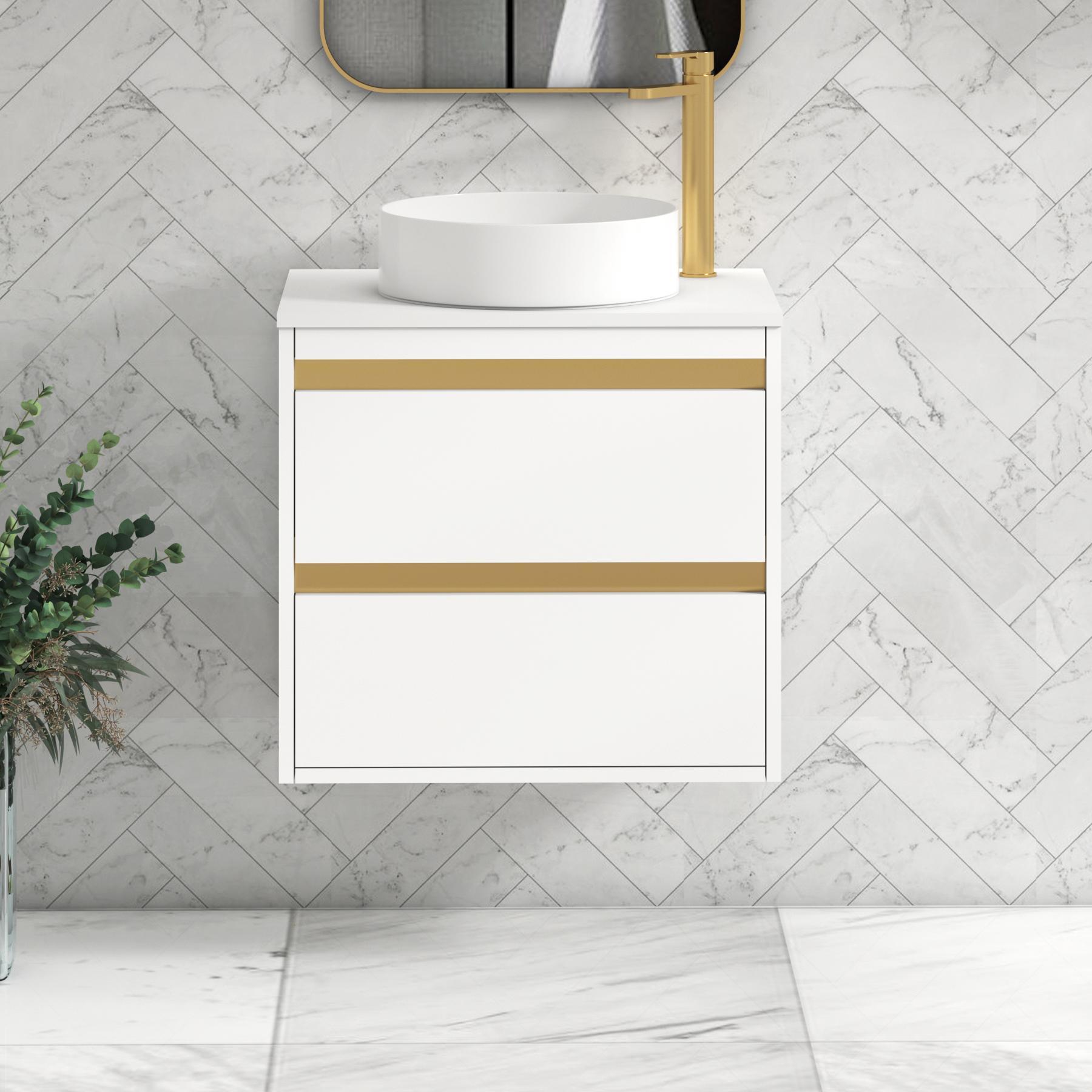 Orion 2 Drawer Matt White Wall Hung Vanity Unit with Plain White Top & Countertop Basin | Brushed Brass Accent Trim