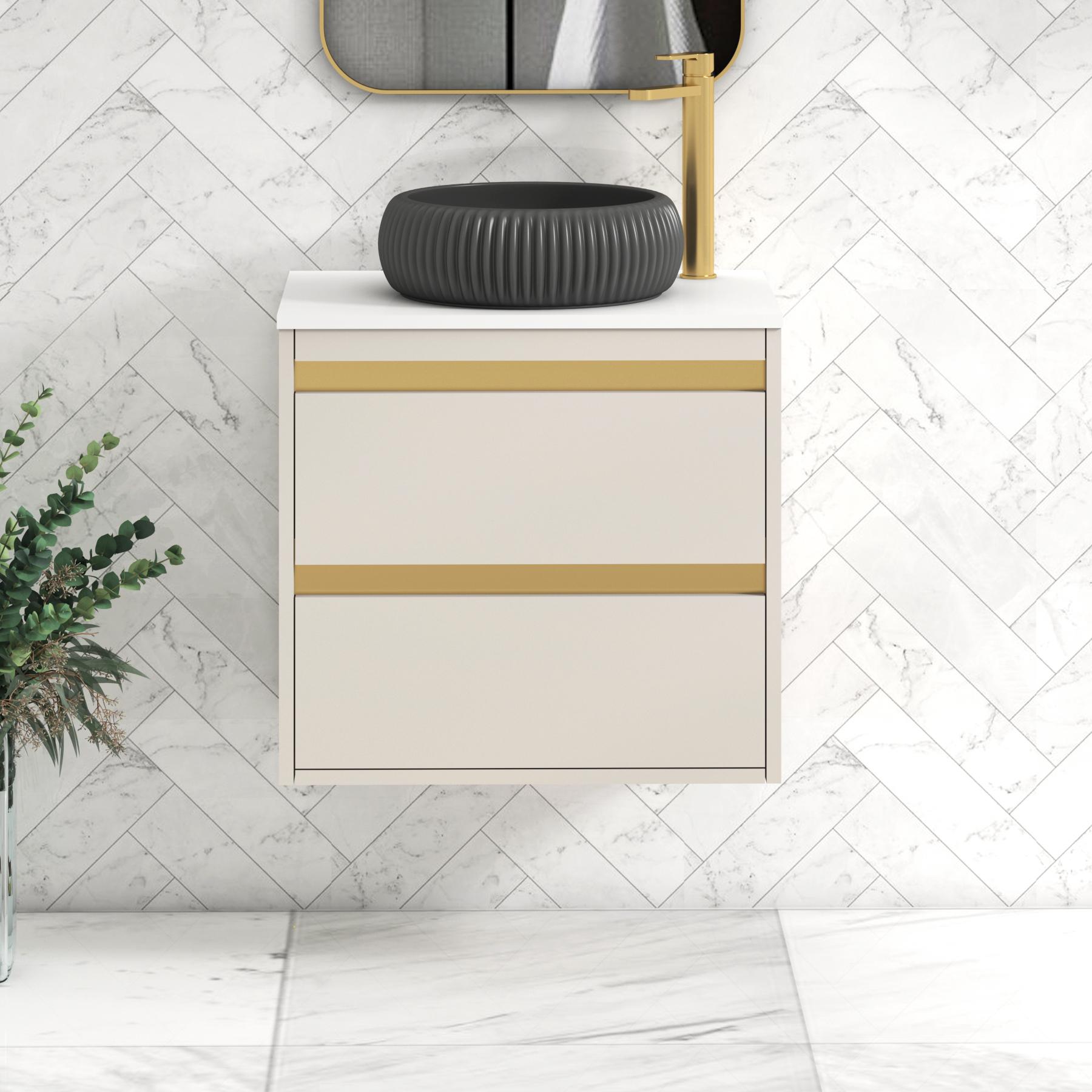 Orion 2 Drawer Warm Taupe Wall Hung Vanity Unit with Plain White Top & Countertop Basin | Brushed Brass Accent Trim