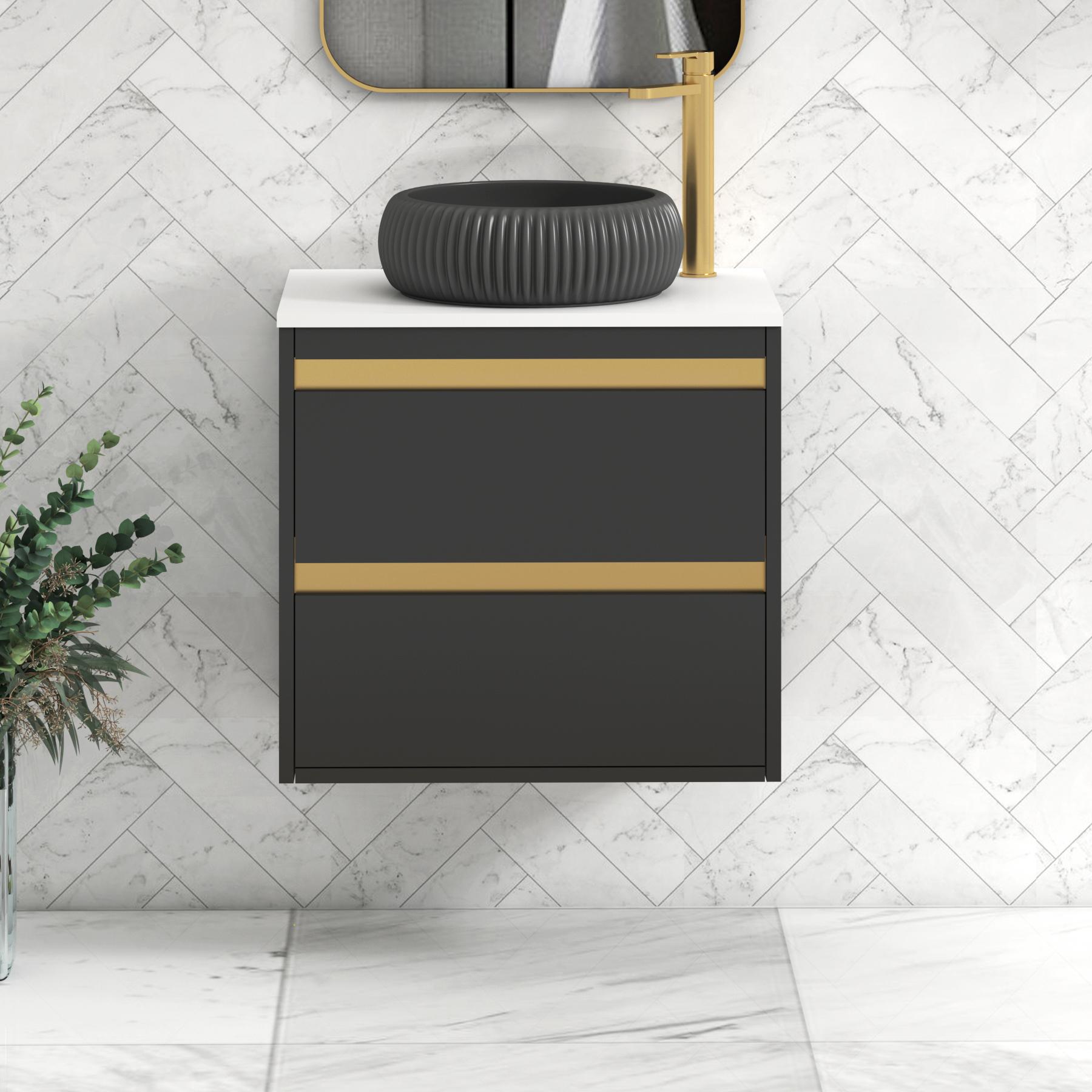 Orion 2 Drawer Matt Obsidian Black Wall Hung Vanity Unit with Plain White Top & Countertop Basin | Brushed Brass Accent Trim