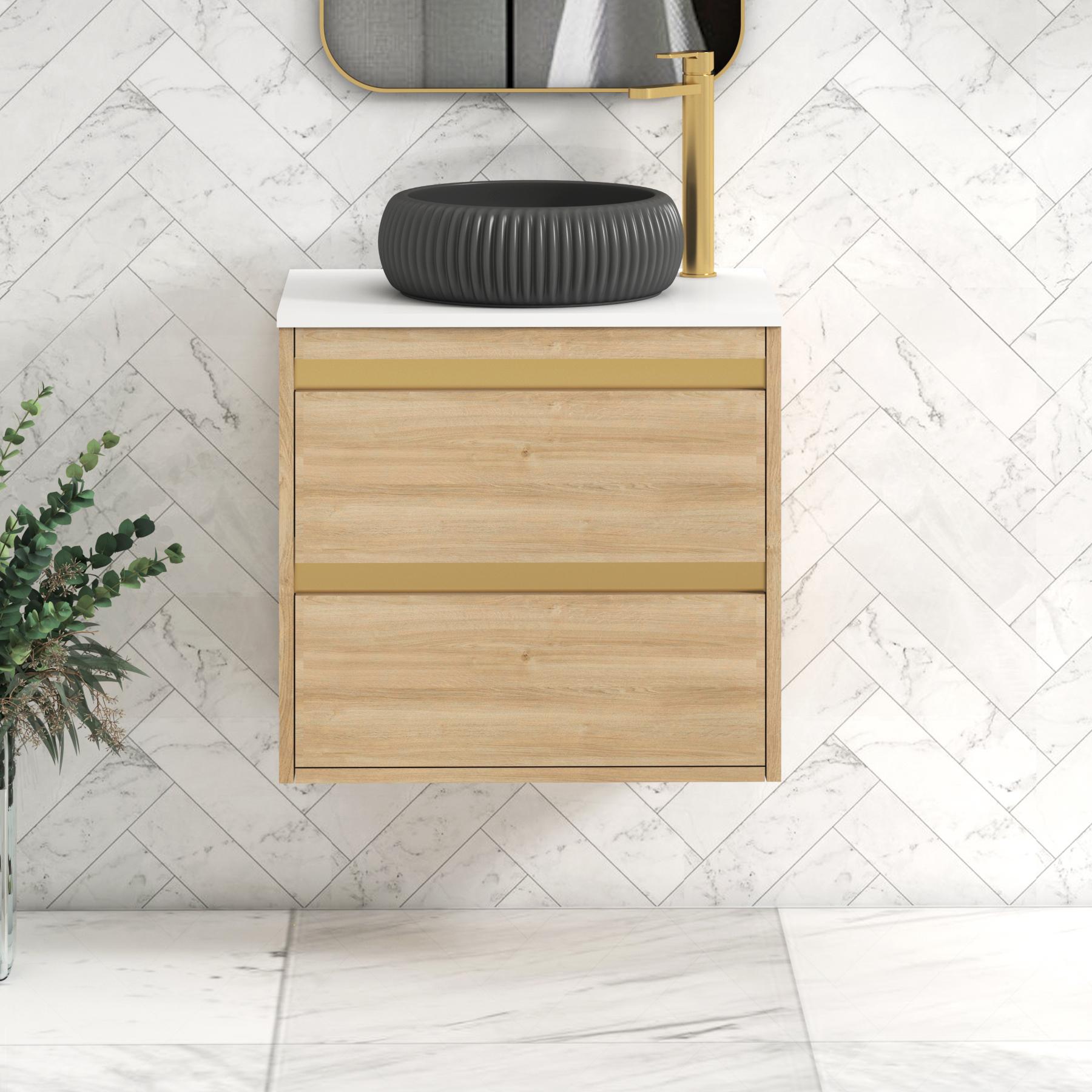 Orion 2 Drawer Natural Oak Wall Hung Vanity Unit with Plain White Top & Countertop Basin | Brushed Brass Accent Trim