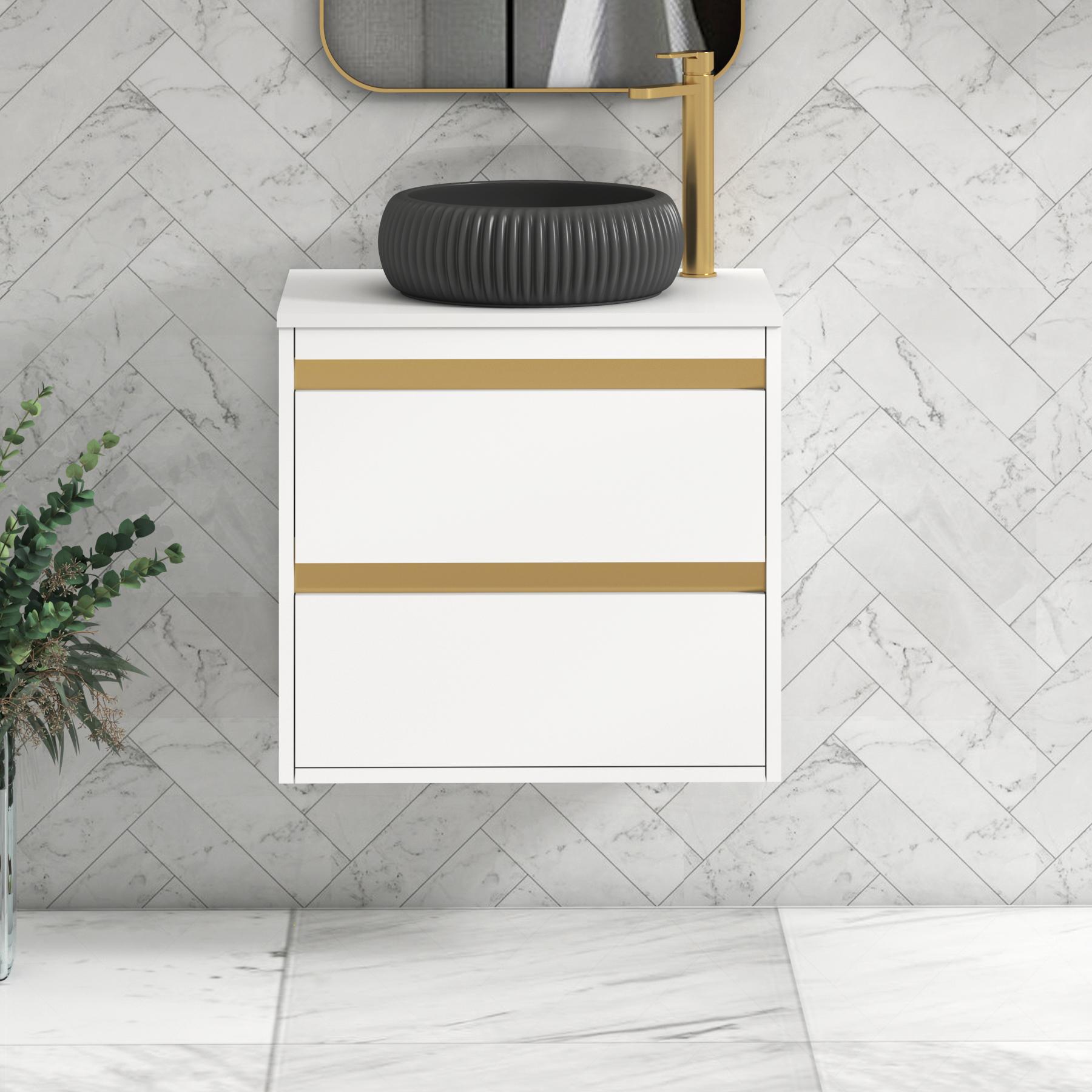 Orion 2 Drawer Matt White Wall Hung Vanity Unit with Plain White Top & Countertop Basin | Brushed Brass Accent Trim