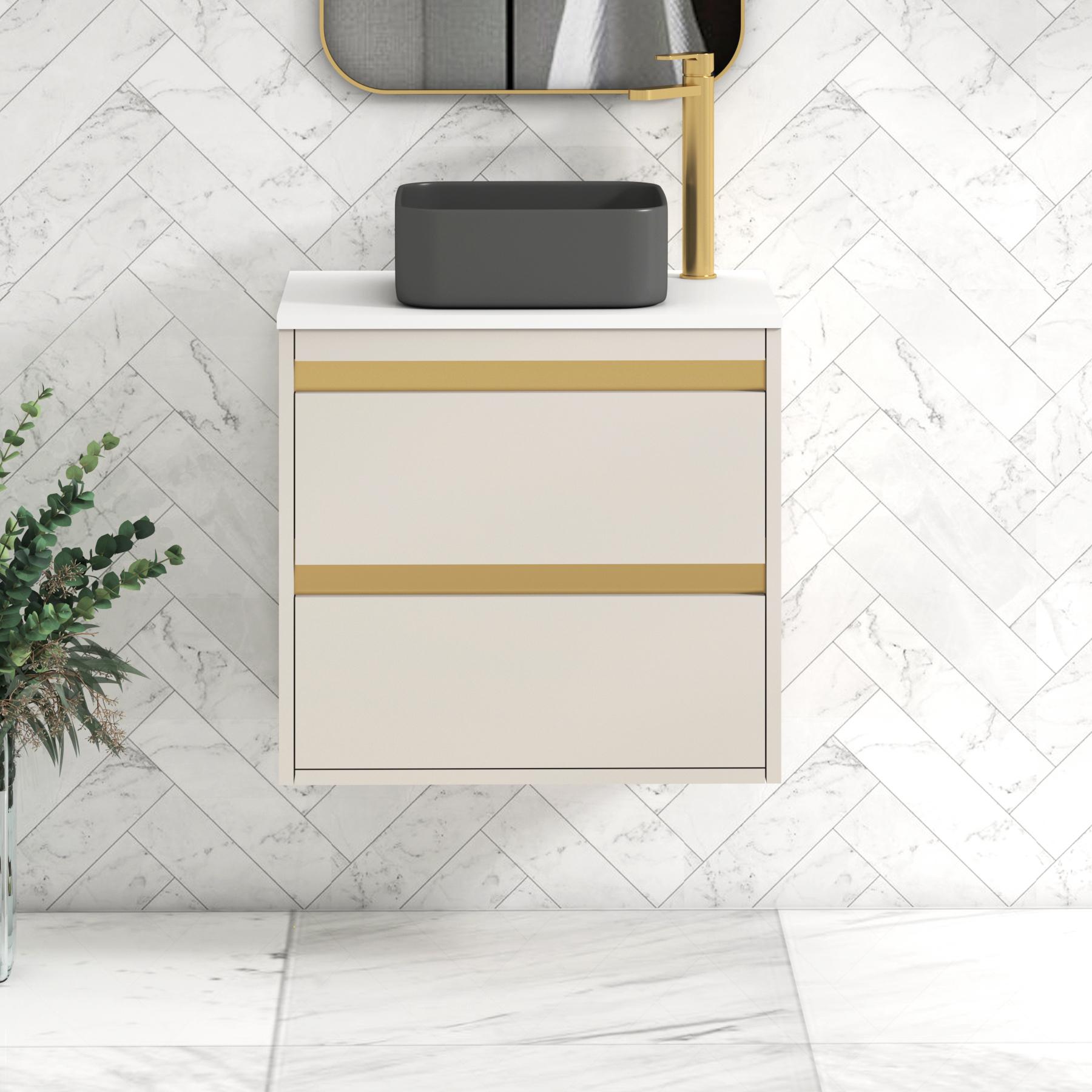 Orion 2 Drawer Warm Taupe Wall Hung Vanity Unit with Plain White Top & Countertop Basin | Brushed Brass Accent Trim