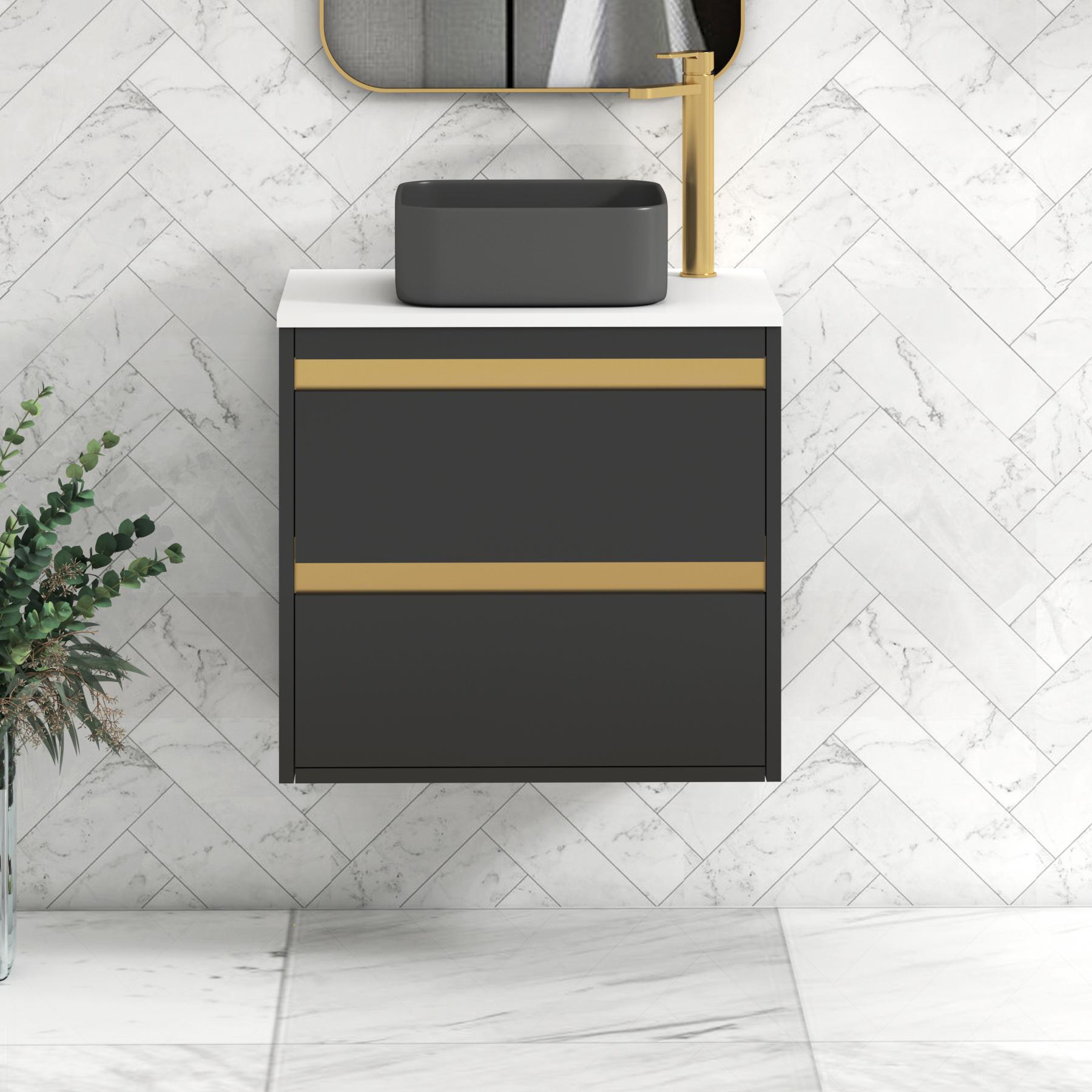 Orion 2 Drawer Matt Obsidian Black Wall Hung Vanity Unit with Plain White Top & Countertop Basin | Brushed Brass Accent Trim