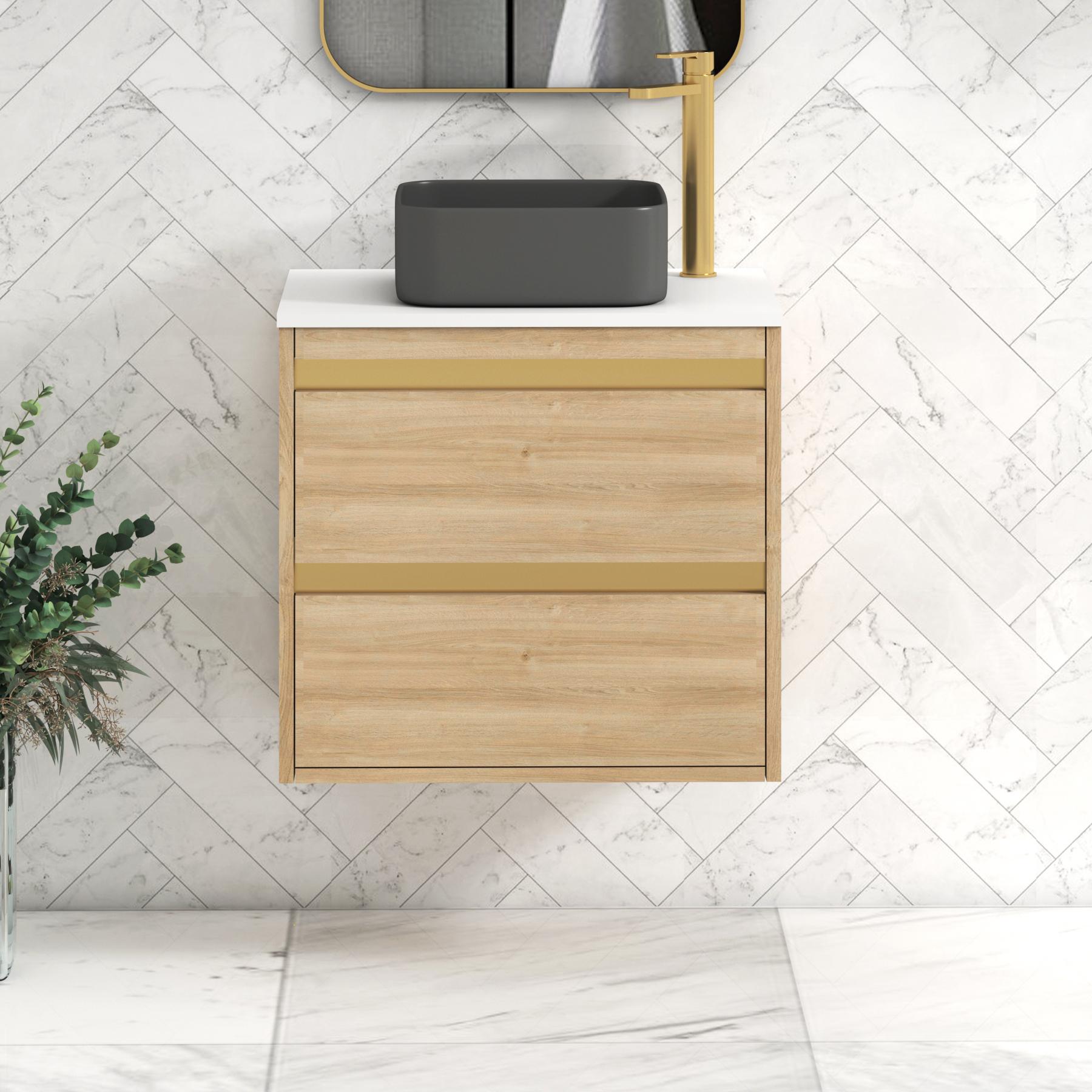 Orion 2 Drawer Natural Oak Wall Hung Vanity Unit with Plain White Top & Countertop Basin | Brushed Brass Accent Trim