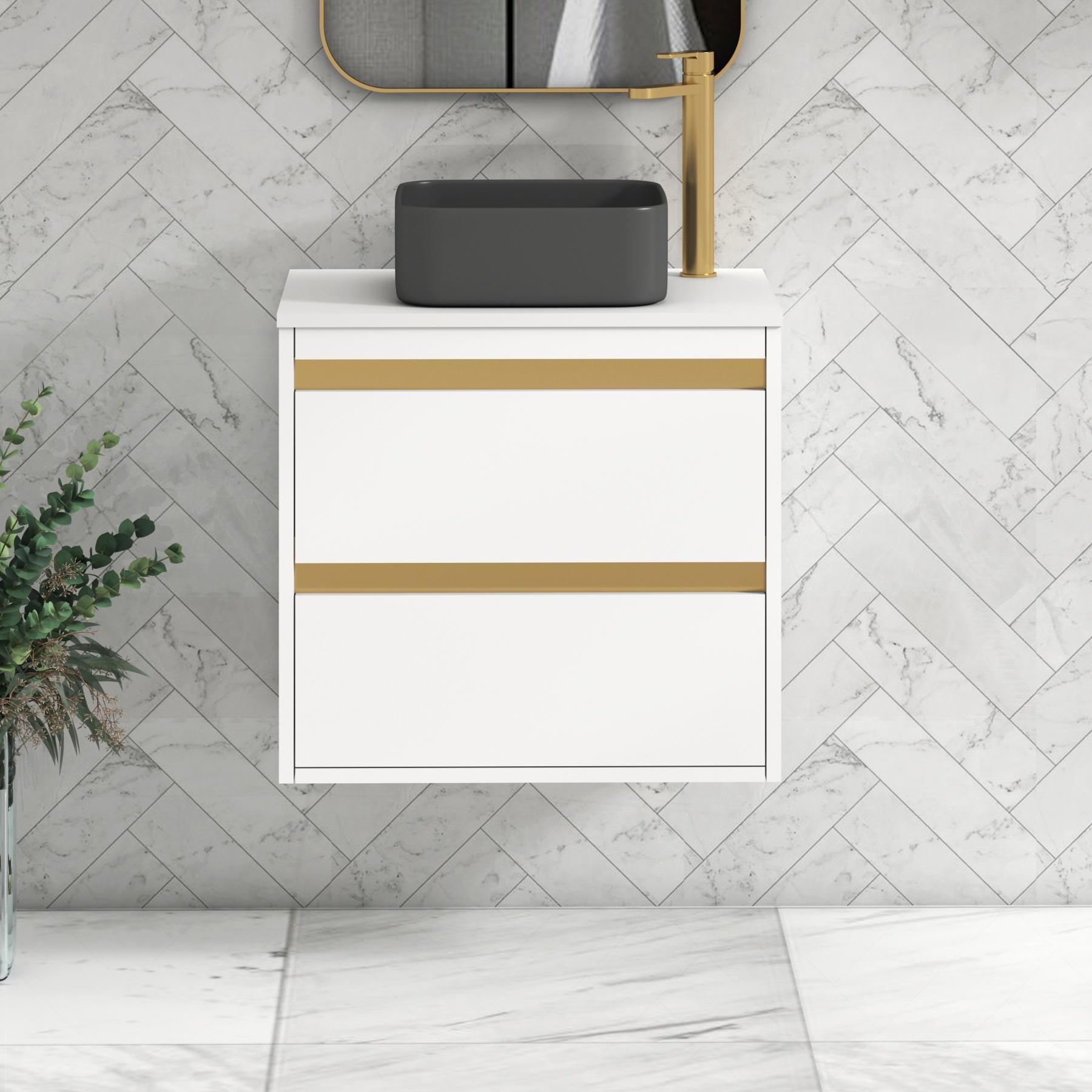 Orion 2 Drawer Matt White Wall Hung Vanity Unit with Plain White Top & Countertop Basin | Brushed Brass Accent Trim